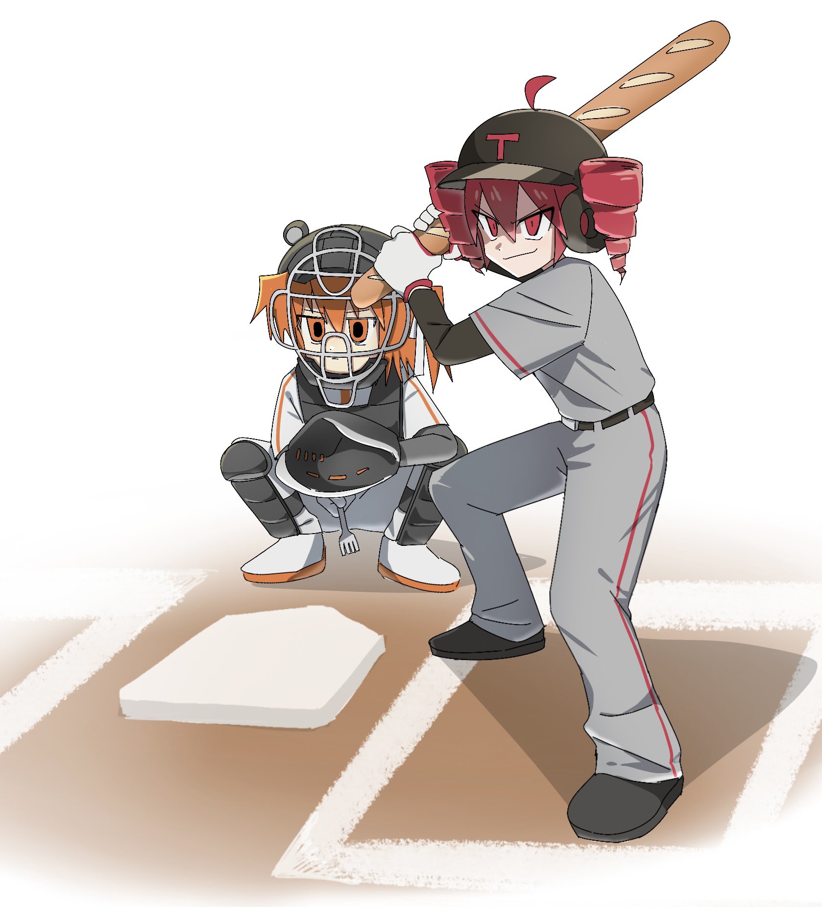 adachi rei, kasane teto, utau, hashtag-only commentary, highres, 2girls, ahoge, baguette, baseball glove, baseball helmet, baseball uniform, batting stance, black shoes, bread, catcher's mask, catcher (baseball), determined, drill hair, food, fork, gloves, grey pants, grey shirt, hair between eyes, helmet, holding, holding bread, holding fork, layered shirt, long sleeves, medium hair, multiple girls, omuretsuteria, one side up, orange eyes, orange hair, pants, pink hair, red eyes, shaded face, shin guards, shirt, shoes, smirk, sportswear, squatting, standing, twin drills, v-shaped eyebrows, white gloves, white pants, white shirt, white shoes