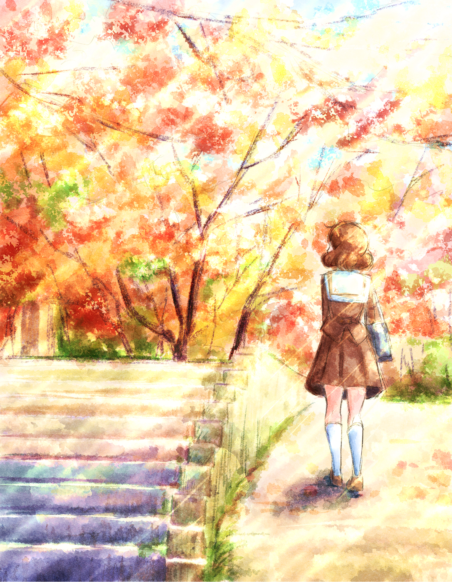 tmakatof, oumae kumiko, hibike! euphonium, fluffy hair, commentary request, highres, 1girl, autumn, autumn leaves, bag, brown dress, brown hair, brown serafuku, day, dress, from behind, full body, kitauji high school uniform, kneehighs, leaf, loafers, medium hair, outdoors, scenery, school bag, school uniform, serafuku, shoes, socks, solo, stairs, standing, tree, white socks, winter uniform