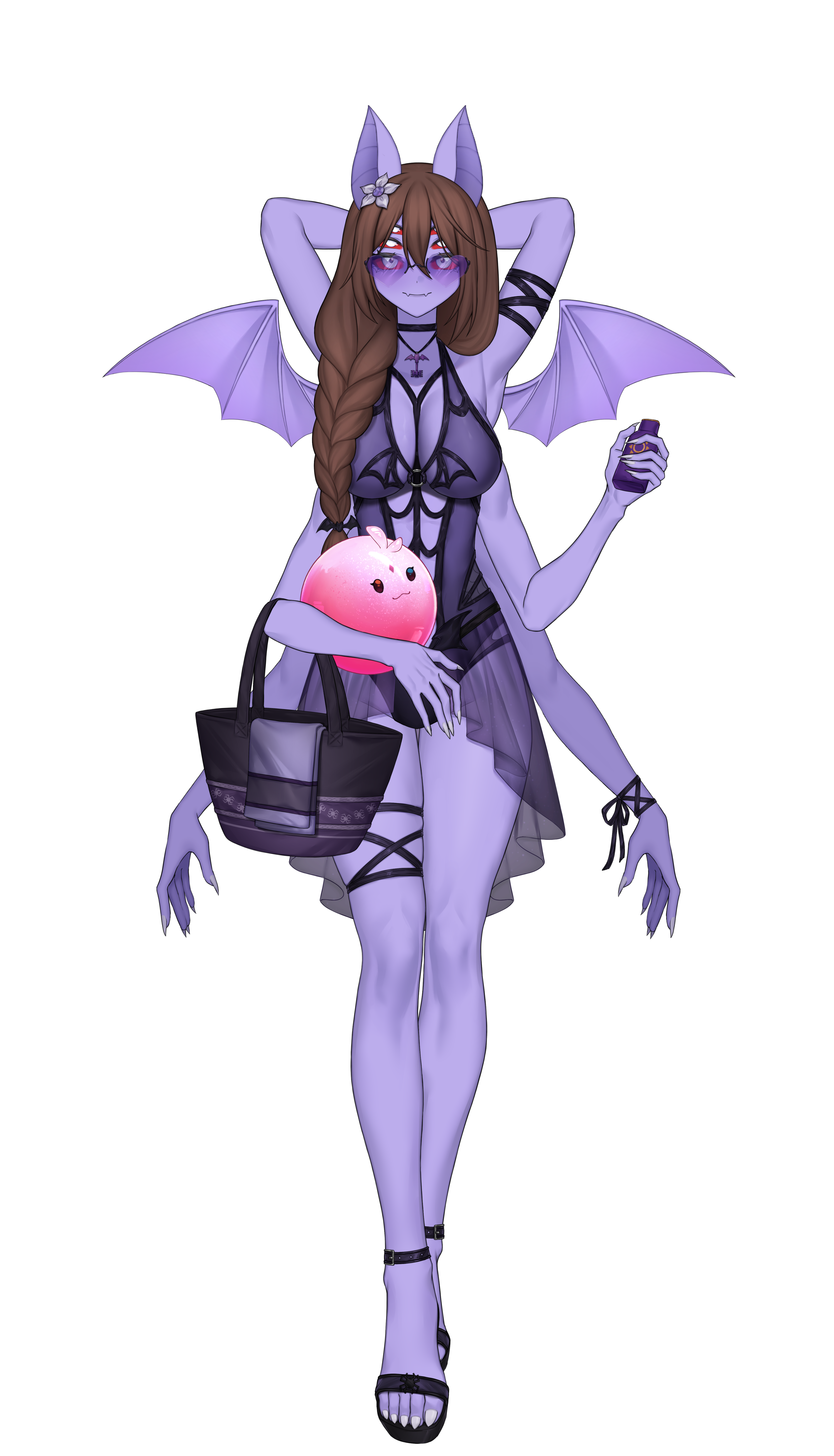carol (lilum), ohwasuy, absurdres, highres, 1girl, animal ears, arthropod girl, bag, bat ears, braid, brown hair, colored sclera, colored skin, dante will, dante will (spider), dante will (summer 2024), extra arms, extra eyes, fingernails, heart, heart-shaped eyewear, holding, holding sunscreen, insect girl, monster girl, neobaka, purple skin, sandals, sharp fingernails, sharp toenails, shirohomu, smile, spider girl, swimsuit, tinted eyewear, toenails, transparent background, wings