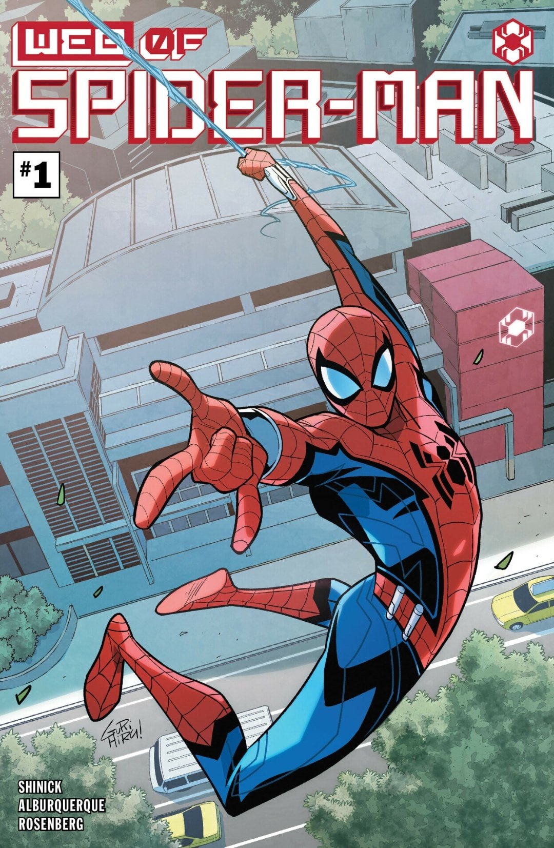 gurihiru, spider-man, marvel, spider-man (series), comic cover, commentary request, highres, official art, 1boy, blue bodysuit, bodysuit, building, car, copyright logo, copyright name, day, english text, logo, looking at viewer, male focus, motor vehicle, multicolored bodysuit, outdoors, red bodysuit, road, signature, solo, spider web print, street, superhero costume, taxi, tree