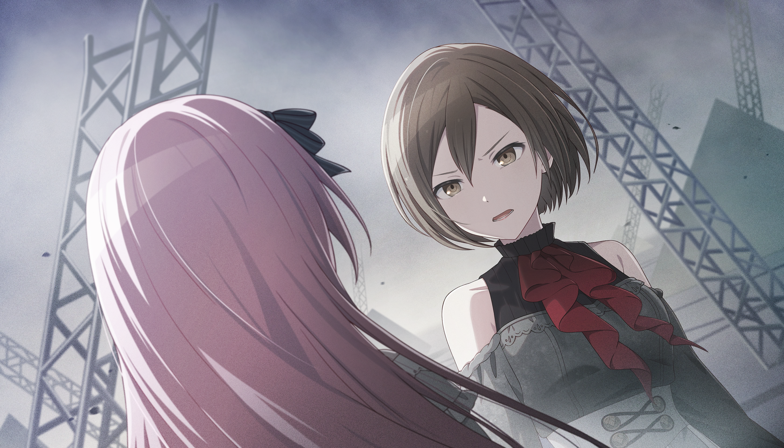 colorful palette, 25-ji luka, 25-ji meiko, megurine luka, meiko (vocaloid), project sekai, vocaloid, game cg, highres, official art, third-party source, 2girls, angry, black leotard, bow, bowtie, brown eyes, clothing cutout, collarbone, corset, detached sleeves, dress, facing another, floating hair, grey corset, grey dress, grey theme, hairband, leotard, lips, long sleeves, multiple girls, muted color, open mouth, parted lips, pink hair, red bow, red bowtie, samenai gensou wo nokku shite (project sekai), scowl, shoulder cutout, truss