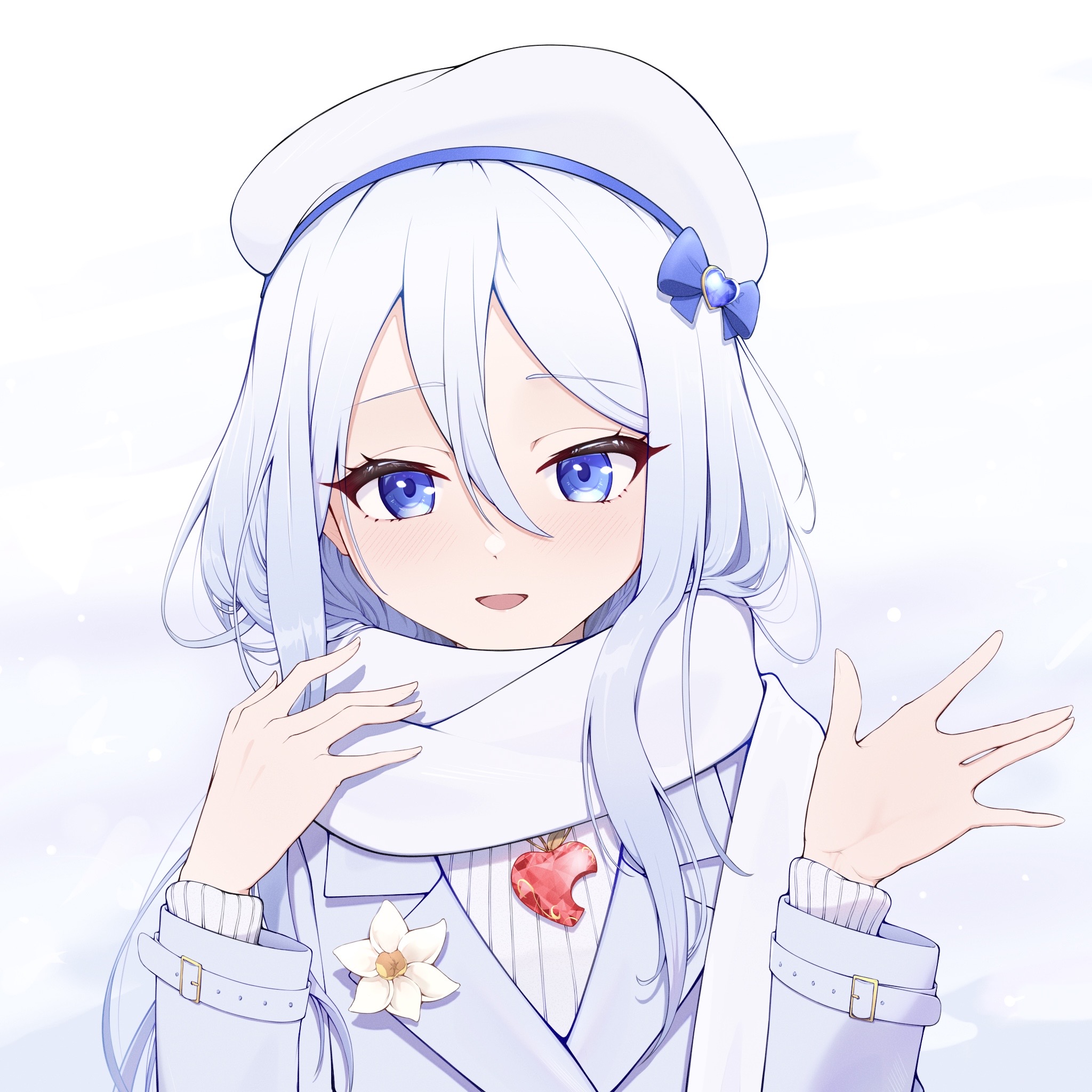 yoisaki kanade, project sekai, blue gem, commentary, highres, 1girl, ||/, beret, blue bow, blue coat, blue eyes, blue hair, bow, coat, double-parted bangs, enpera, flower, gem, gradient background, grey background, hair between eyes, hair bow, hat, heart, heart-shaped gem, long hair, long sleeves, looking at viewer, open mouth, piexarasi, ribbed sweater, scarf, smile, solo, sweater, upper body, waving, white background, white flower, white hat, white scarf, white sweater