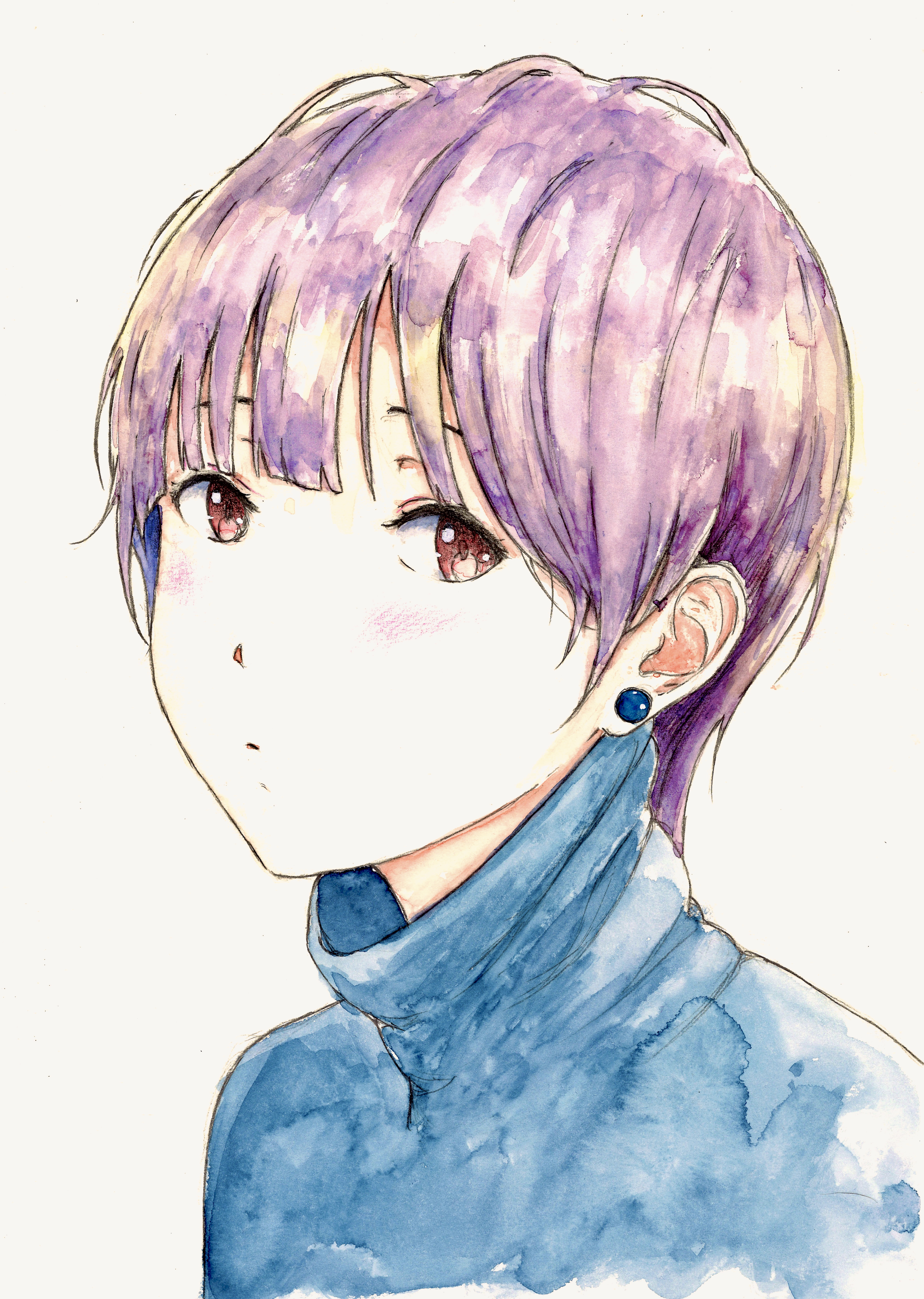 bbmasa, yoroizuka mizore, hibike! euphonium, liz to aoi tori, absurdres, commentary, highres, traditional media, 1girl, alternate hairstyle, blue jacket, blush, earrings, gradient background, grey background, jacket, jewelry, looking at viewer, purple hair, red eyes, short hair, solo, upper body, very short hair