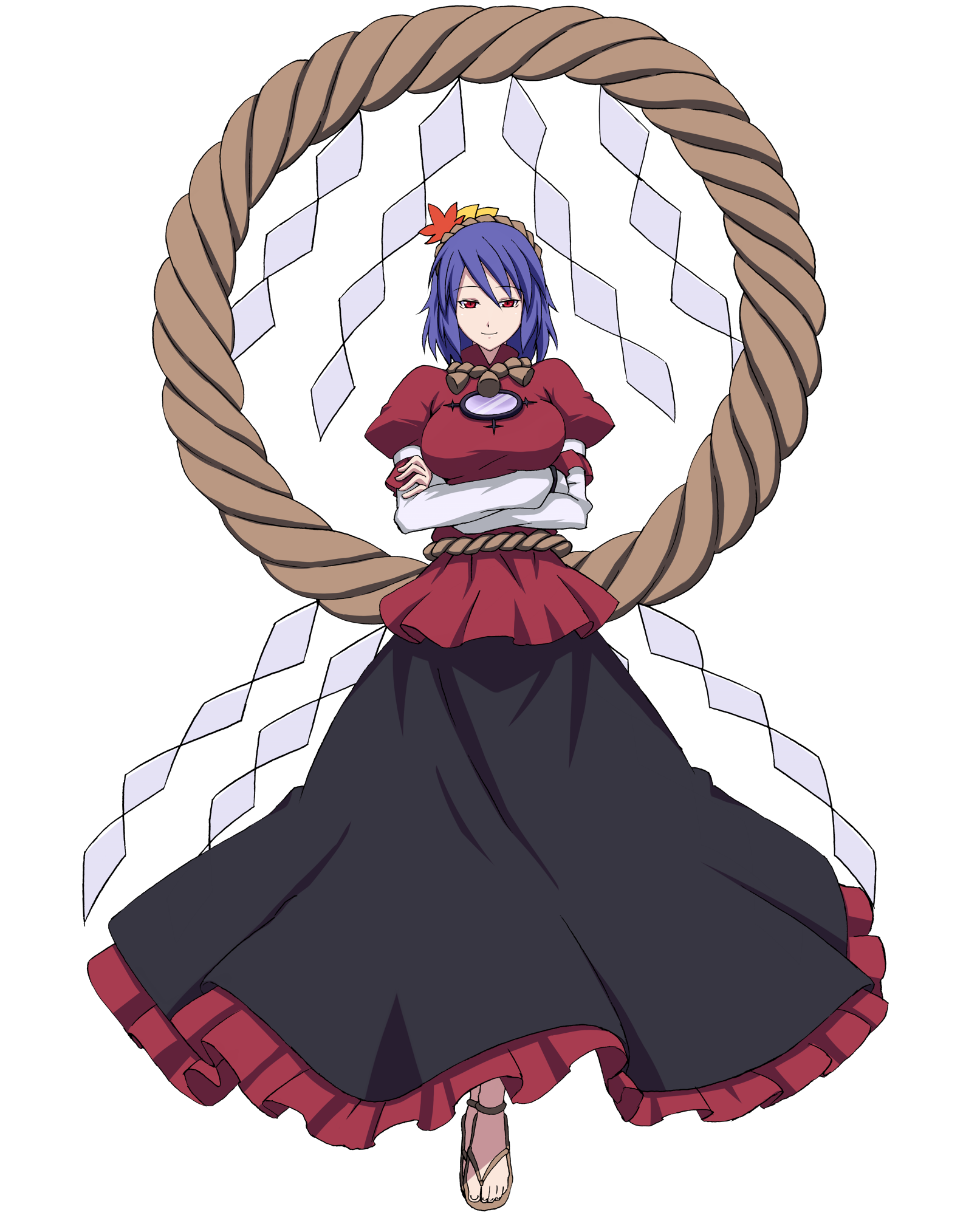h-new, yasaka kanako, touhou, highres, 1girl, blue hair, breasts, female focus, full body, hair ornament, large breasts, leaf, leaf hair ornament, red eyes, rope, sandals, shimenawa, short hair, slit pupils, smile, solo, transparent background