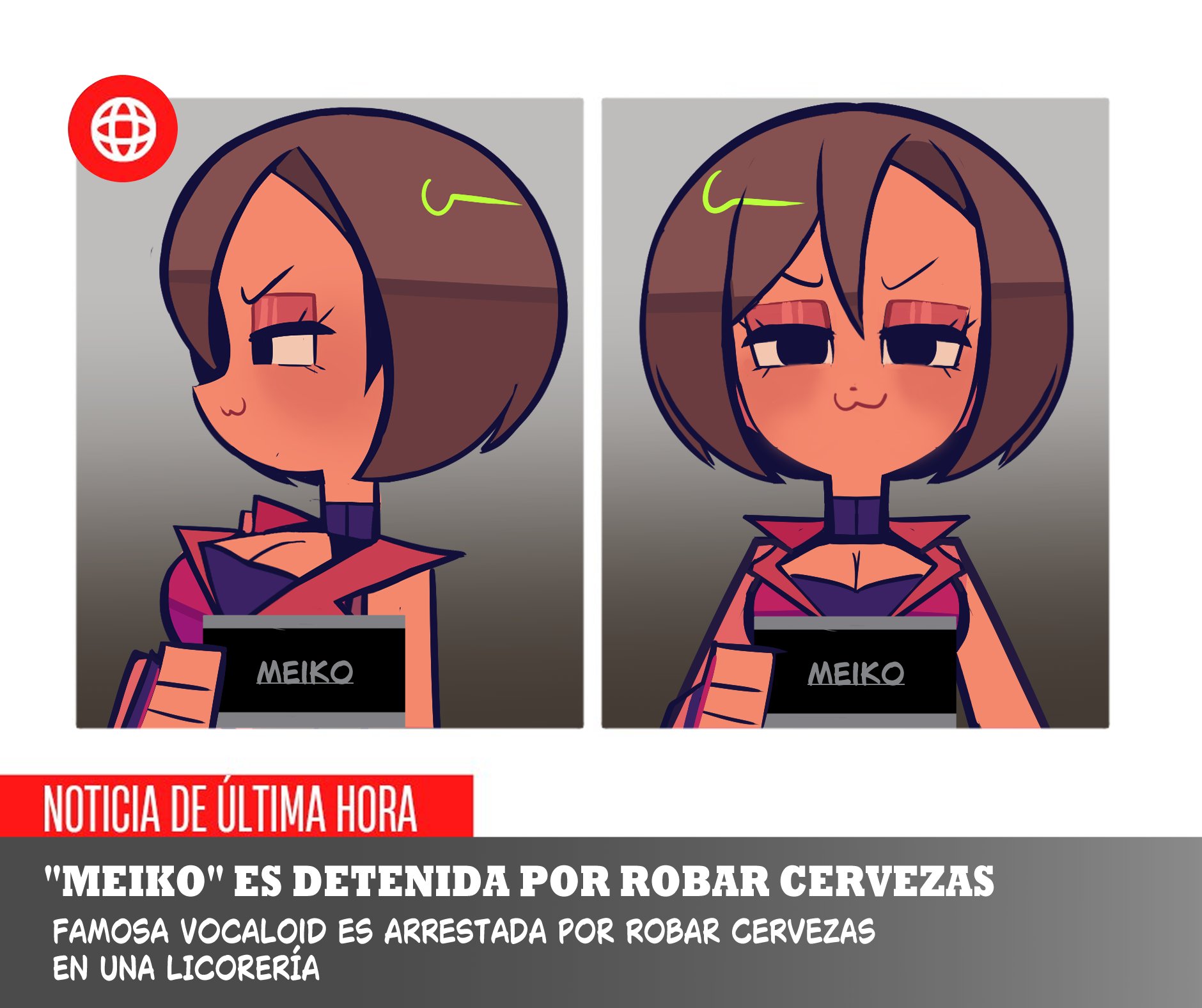 rainelyn00, meiko (vocaloid), vocaloid, translated, 1girl, :3, bare shoulders, black eyes, breasts, brown hair, character name, cleavage, closed mouth, dot nose, eyeshadow, from side, hair be, holding, holding sign, jacket, large breasts, looking at viewer, makeup, mugshot, multiple views, news, red jacket, short hair, sign, smug, spanish text, straight-on