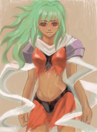 emerada (xenogears), xenogears, lowres, 1girl, armor, brown eyes, dark-skinned female, dark skin, green hair, midriff, oekaki, pauldrons, scarf, shoulder armor, skirt, torn clothes