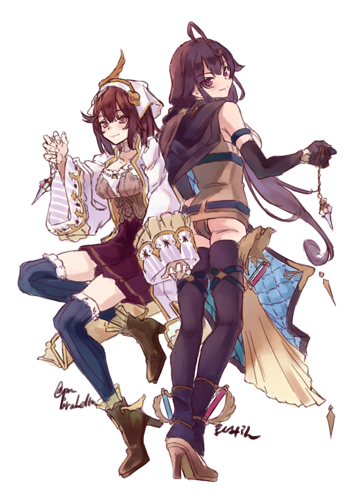 qmmparabellum, ramizel erlenmeyer, sophie neuenmuller, atelier (series), atelier sophie, atelier sophie 2, commentary, highres, 2girls, ahoge, artist name, belt, black thighhighs, blue belt, boots, breasts, brown boots, brown eyes, brown shoes, coat, collared coat, elbow gloves, full body, gloves, grandmother and granddaughter, hair ornament, high heels, holding, holding jewelry, jewelry, large breasts, long coat, long hair, long sleeves, looking at viewer, medium breasts, multiple girls, pleated skirt, purple eyes, purple hair, red hair, red skirt, shoes, short hair, sidelocks, skirt, smile, standing, thighhighs, twintails, white background, white coat