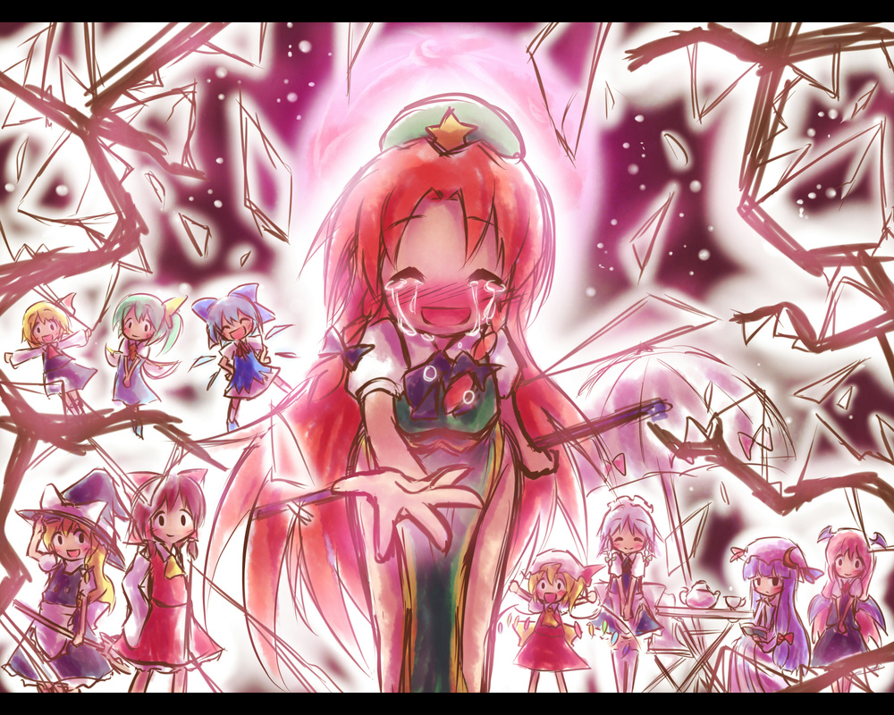 ayakashi (monkeypanch), cirno, daiyousei, flandre scarlet, hakurei reimu, hong meiling, izayoi sakuya, kirisame marisa, koakuma, patchouli knowledge, rumia, embodiment of scarlet devil, touhou, bad id, bad pixiv id, 6+girls, apron, ascot, bat wings, blonde hair, blue hair, blush, book, bow, braid, broom, brown hair, china dress, chinese clothes, crying, cup, dress, fairy wings, green hair, hair bow, hair tubes, hat, head wings, ice, ice wings, japanese clothes, letterboxed, long hair, maid, maid apron, maid headdress, miko, mob cap, moon, multiple girls, outstretched arms, purple hair, reaching, red ascot, red eyes, red hair, short hair, side ponytail, smile, table, tea, teacup, teapot, tears, umbrella, wings, witch hat, yellow ascot