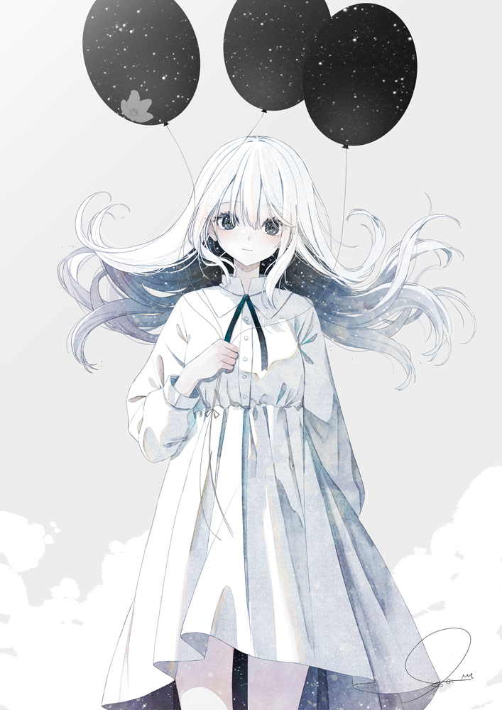 oseto (oxxsexxto), original, commentary, 1girl, arm behind back, balloon, dress, floating hair, grey eyes, long hair, looking at viewer, signature, sky, solo, standing, star (sky), starry sky, white dress, white hair