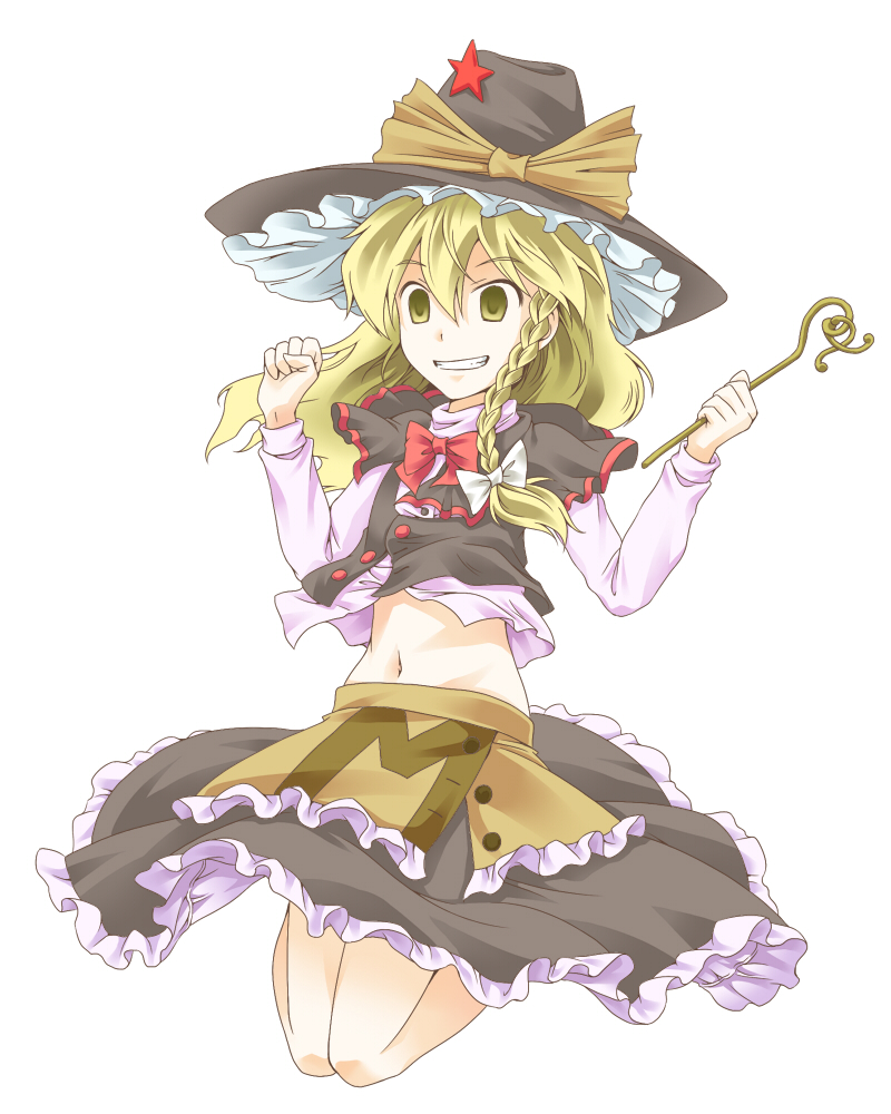 hadi, kirisame marisa, touhou, bad id, bad pixiv id, 1girl, blonde hair, bow, braid, female focus, full body, hair bow, hat, jumping, midriff, navel, simple background, skirt, solo, wand, white background, witch, witch hat, yellow eyes
