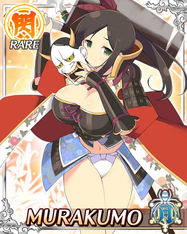murakumo (senran kagura), senran kagura, senran kagura new wave, game cg, official art, third-party source, 1girl, arm guards, armor, border, breastplate, breasts, brown hair, cape, card (medium), character name, cleaver, closed mouth, floral print, green eyes, hair ribbon, hannya, hip armor, holding, holding cleaver, holding mask, large breasts, light frown, long hair, looking at viewer, mask, midriff, noh mask, panties, red cape, red ribbon, ribbon, shoulder armor, side ponytail, solo, underwear, white panties