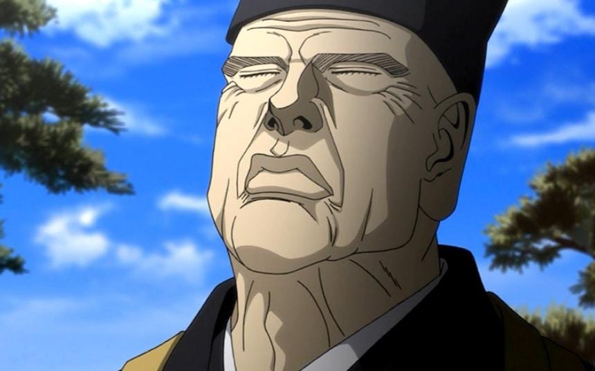 hyouge mono, black hat, closed eyes, hat, large ears, old, old man, senno soueki, wrinkled skin