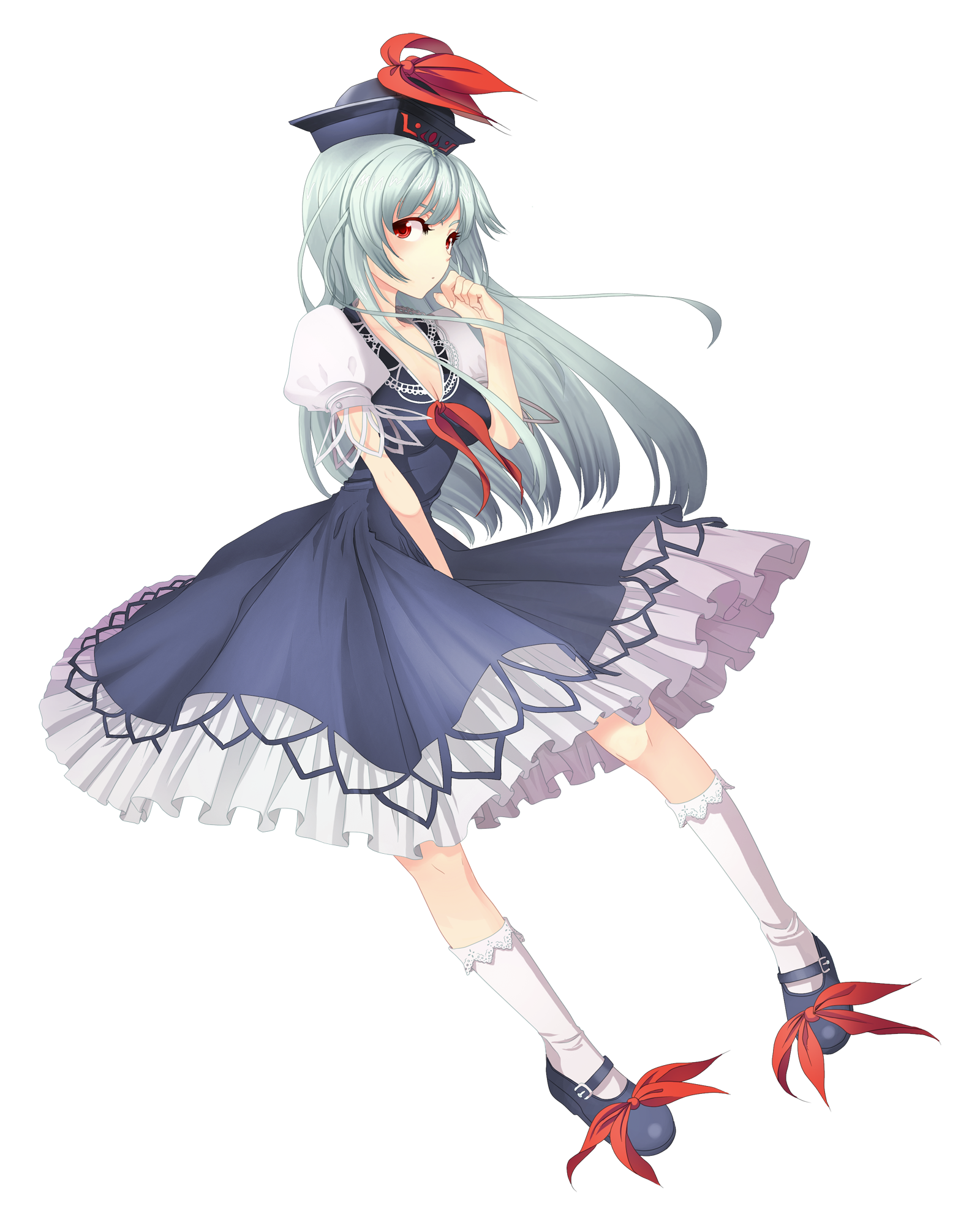 mimika (artist), mimika (puetilun), puetilun, kamishirasawa keine, touhou, silver hair, highres, 1girl, between legs, blue hair, breasts, cleavage, dress, female focus, full body, hand between legs, hat, kneehighs, long hair, looking back, mary janes, medium breasts, pigeon-toed, red eyes, shoes, socks, solo, transparent background, white socks