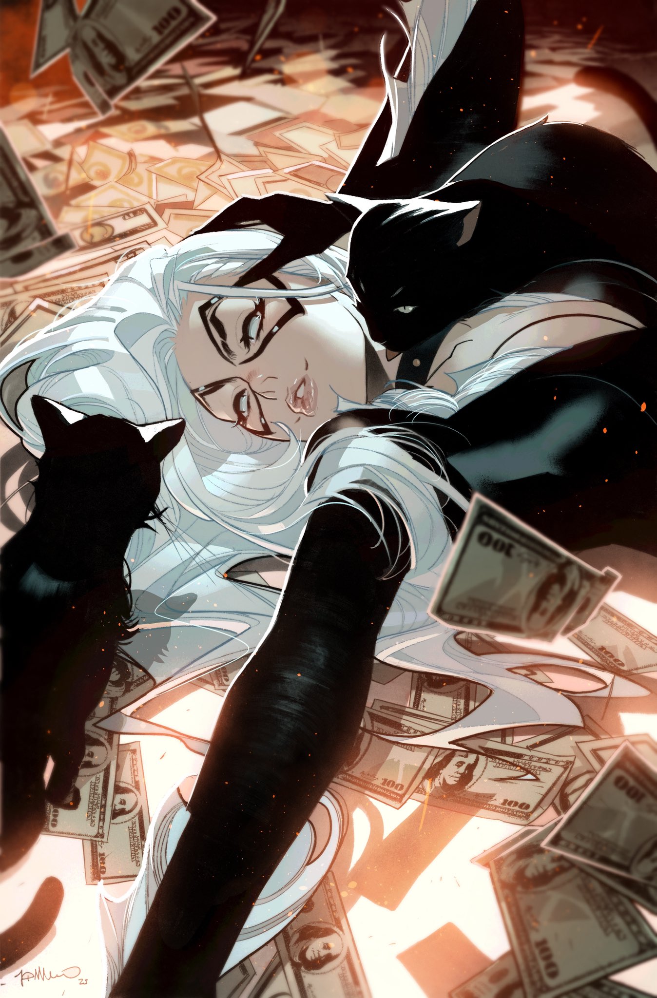 simone di meo, black cat (marvel), felicia hardy, marvel, spider-man (series), comic cover, commentary, english commentary, highres, official art, textless version, 1girl, banknote, black bodysuit, black cat, black choker, black gloves, blue eyes, blurry, blurry background, bodysuit, breasts, cat, choker, cleavage, dollar bill, domino mask, eye mask, fur-trimmed bodysuit, gloves, high denomination banknote, hundred dollar bill, large breasts, long hair, looking to the side, lying, mask, money, on back, parted lips, signature, solo focus, upper body, white hair