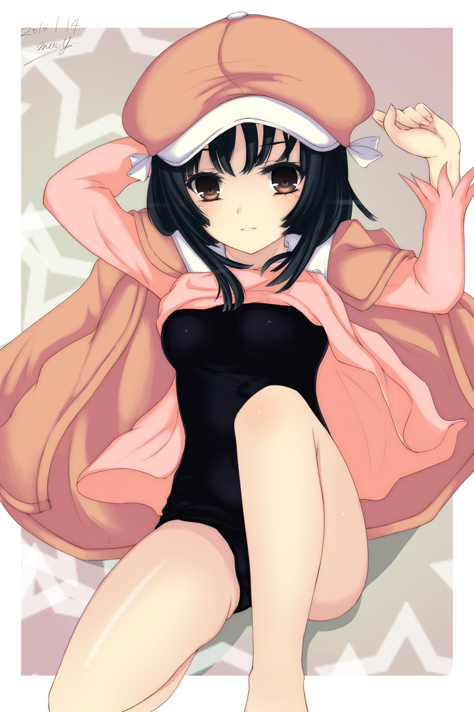 moccy, sengoku nadeko, bakemonogatari, monogatari (series), 00s, 1girl, black hair, blush, brown eyes, clothes lift, female focus, hat, jacket, jacket on shoulders, newsboy cap, no pants, one-piece swimsuit, school swimsuit, shirt lift, solo, star (symbol), swimsuit, swimsuit under clothes