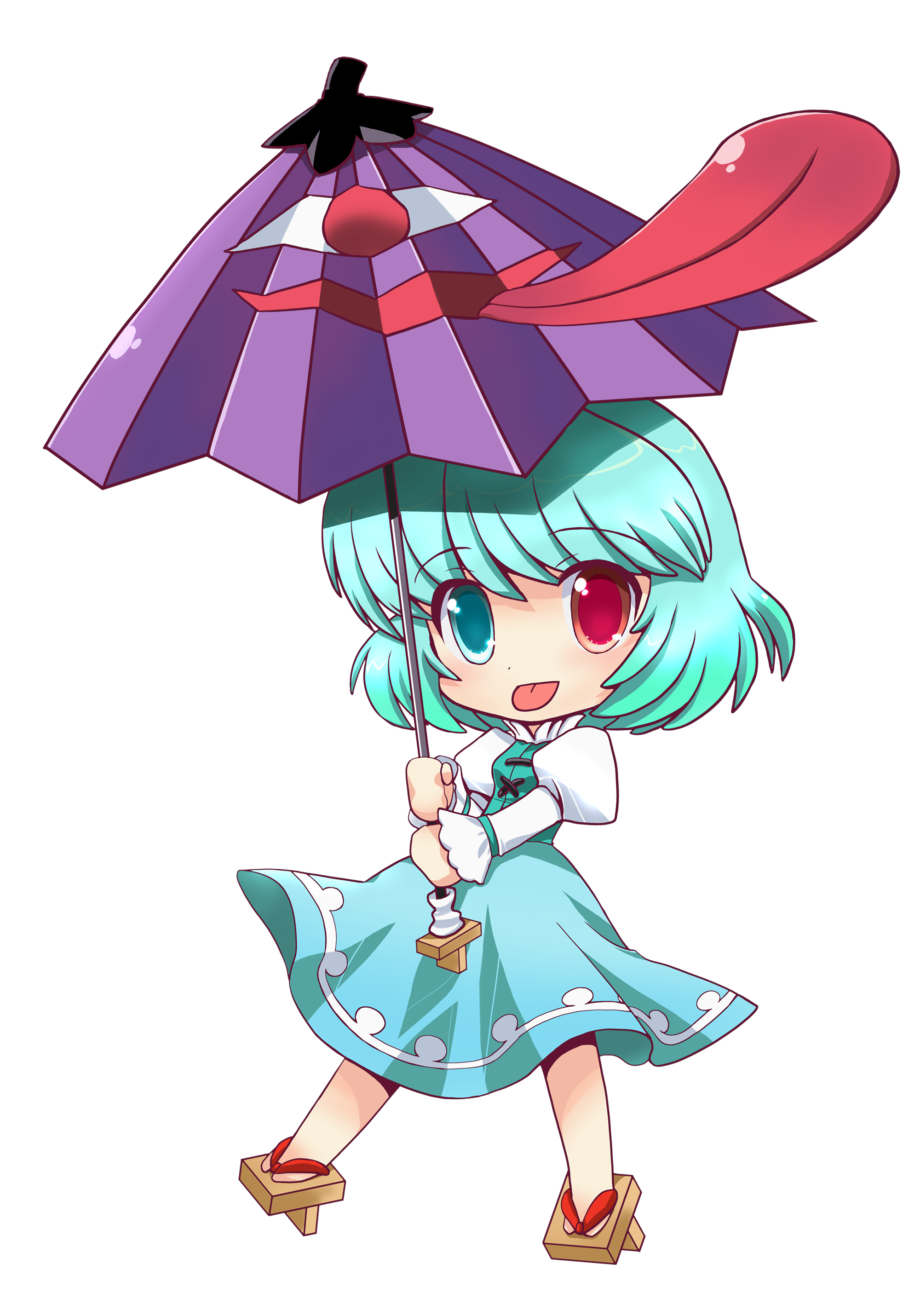 gusamo, masuyama kei, tatara kogasa, touhou, absurdres, bad id, bad pixiv id, highres, 1girl, :p, blue eyes, blue hair, blush, chibi, female focus, full body, geta, heterochromia, karakasa obake, red eyes, sandals, short hair, solo, tongue, tongue out, transparent background, umbrella