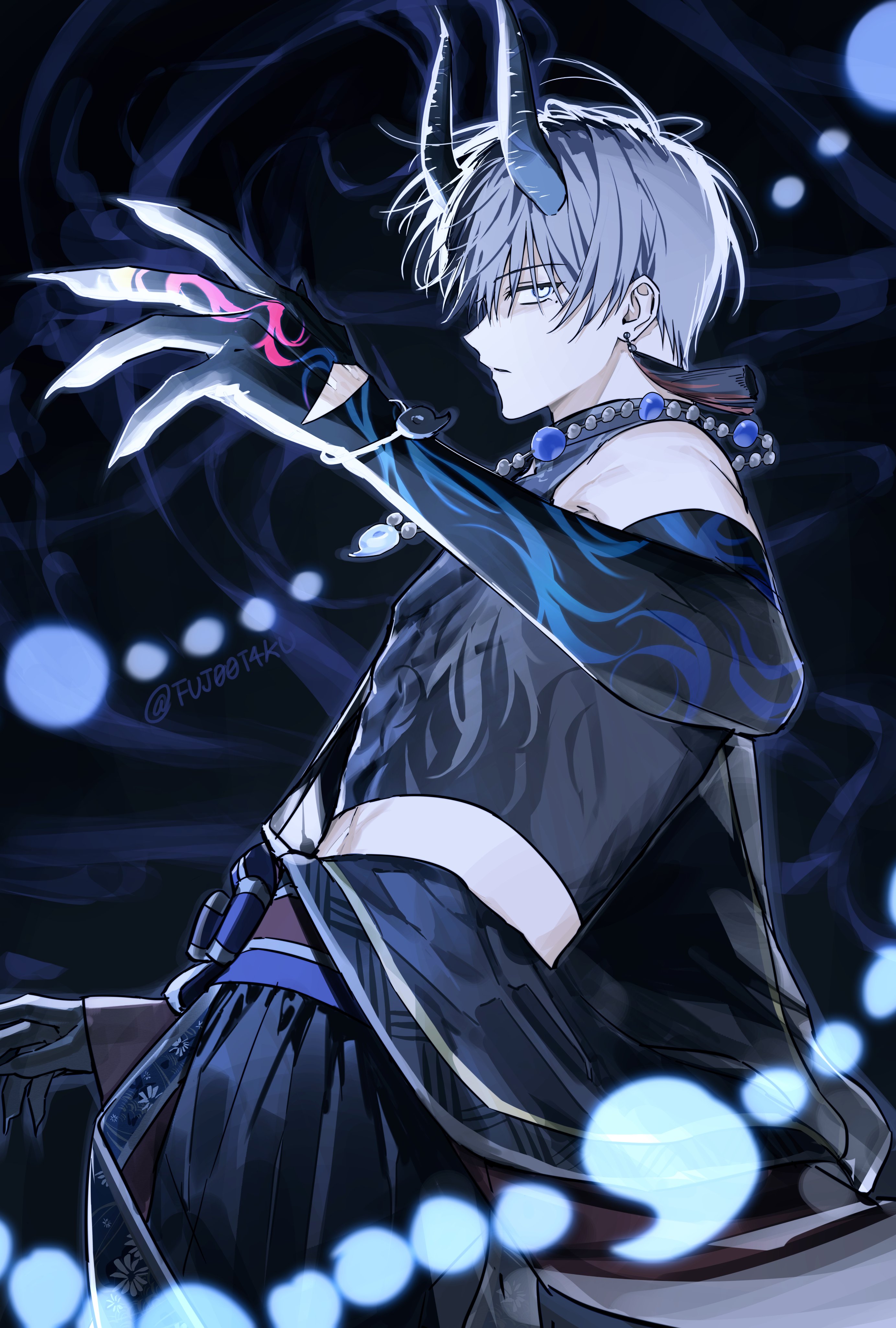 fujo0t4ku, aoyagi touya, project sekai, absurdres, hashtag-only commentary, highres, 1boy, bare shoulders, claws, closed mouth, crop top, demon boy, earrings, glowing, glowing eyes, horns, jewelry, looking at viewer, male focus, mole, mole under eye, multicolored hair, navel, necklace, official alternate costume, pearl necklace, shinnen kotohogu inori no mai (project sekai), solo, watermark