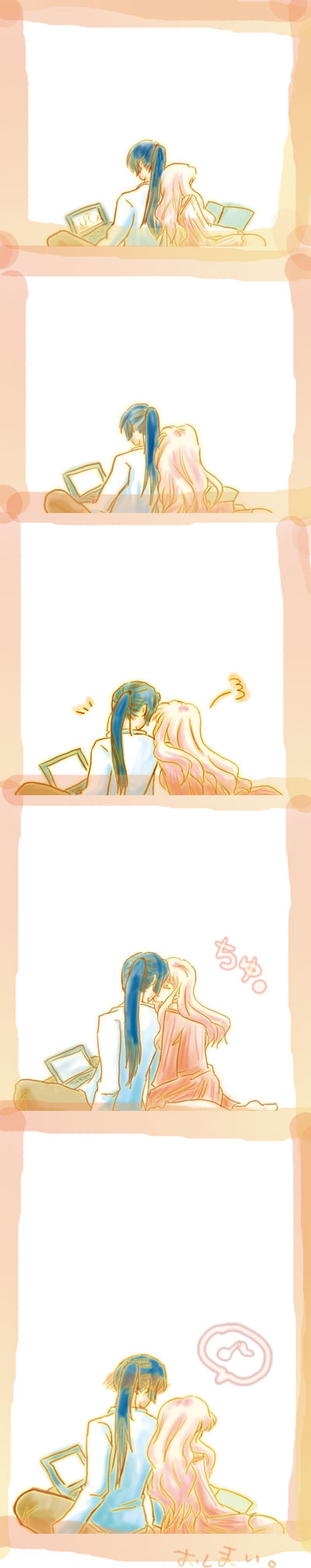 maimu (sorairo kobako), saotome alto, sheryl nome, macross, macross frontier, highres, long image, tall image, 00s, 1boy, 1girl, blonde hair, blue hair, blush, comic, couple, hetero, kiss, long hair, ponytail, silent comic