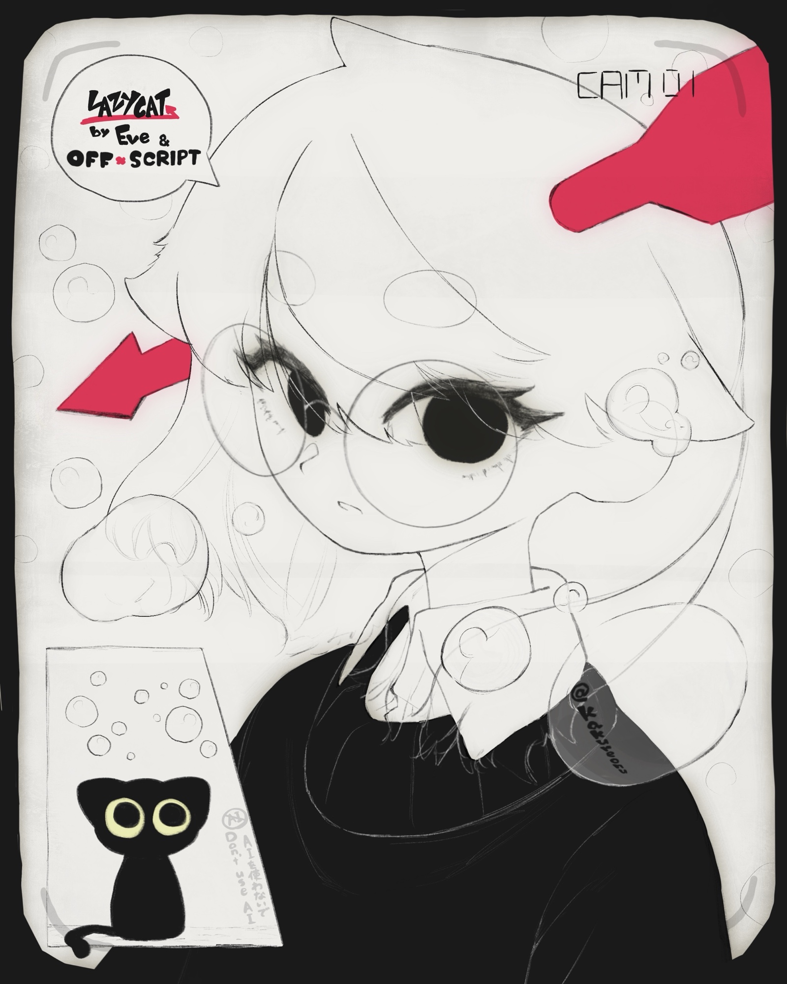 kakureonu, eve (musician), commentary, english commentary, highres, making-of available, 1girl, arrow (projectile), black cat, cat, cat (off script), collared shirt, glasses, greyscale, lazy cat (song), long hair, looking at viewer, monochrome, object through head, off script (character), round eyewear, shirt, solo, song name, spot color, sweater, upper body