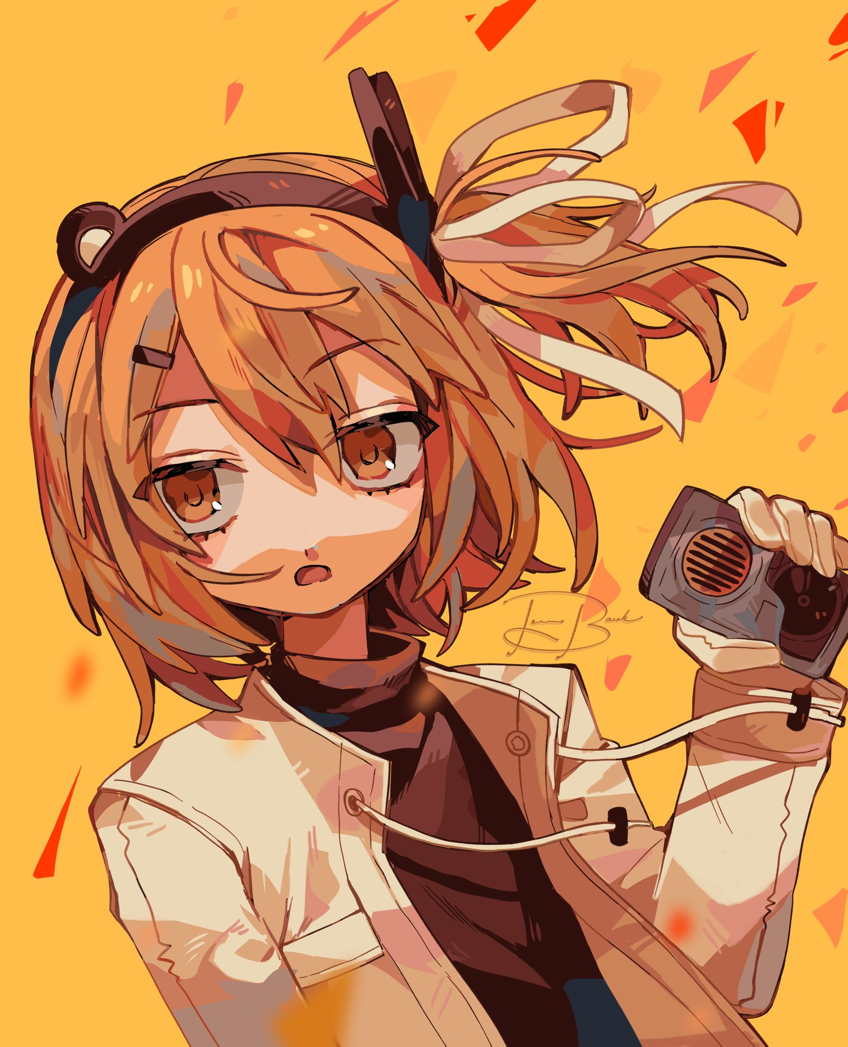 treebarkagain, adachi rei, netsu ijou (utau), utau, commentary, english commentary, highres, 1girl, black sweater, floating hair, hair ornament, hair ribbon, hairclip, headlamp, holding radio, jacket, looking to the side, medium hair, one side up, open clothes, open jacket, open mouth, orange eyes, orange hair, radio antenna, ribbon, signature, solo, sweater, turtleneck, turtleneck sweater, white jacket, white ribbon, yellow background