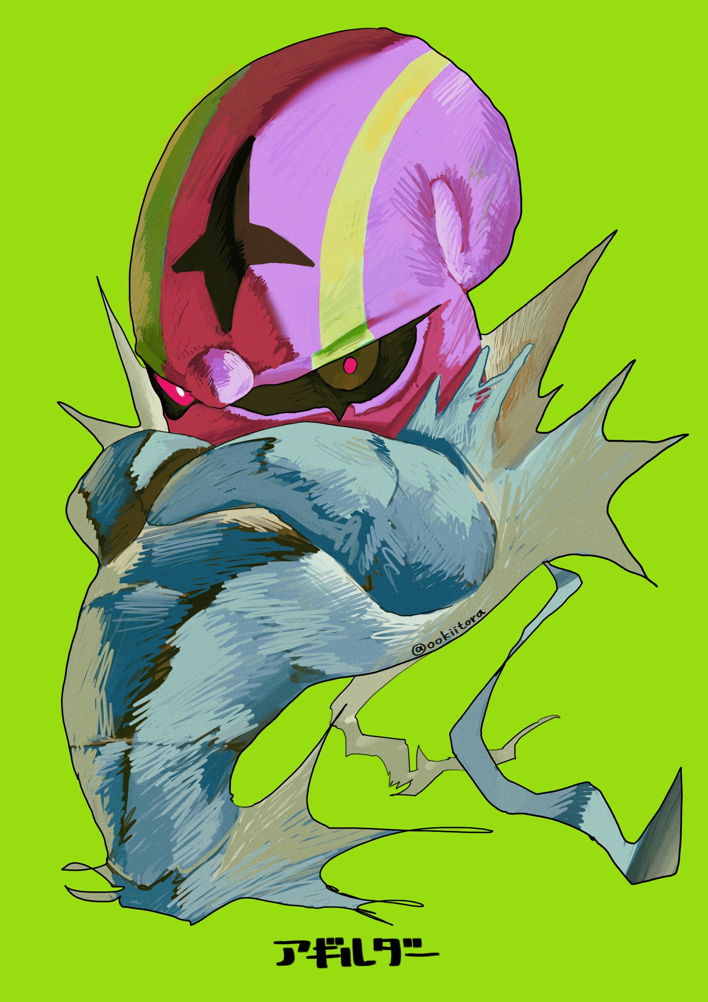 ookiitora128706, accelgor, nintendo, pokemon, pokemon bw, commentary request, highres, crossed arms, gen 5 pokemon, green background, no humans, pokemon (creature), pokemon focus, simple background, solo