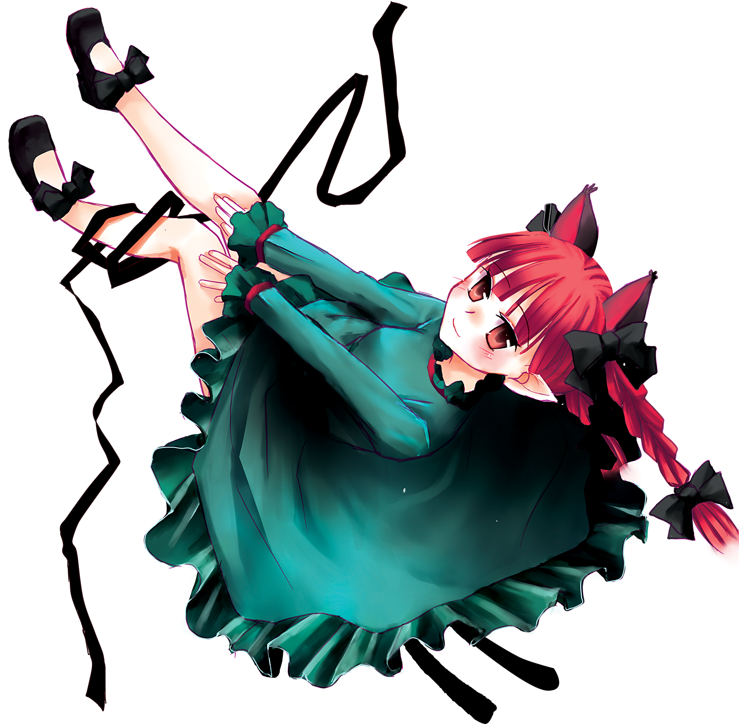 mousouchiku, kaenbyou rin, touhou, highres, 1girl, animal ears, bow, braid, cat ears, cat girl, cat tail, female focus, full body, hair ribbon, multiple tails, pointy ears, red eyes, red hair, ribbon, short hair, smile, solo, tail, transparent background, twin braids