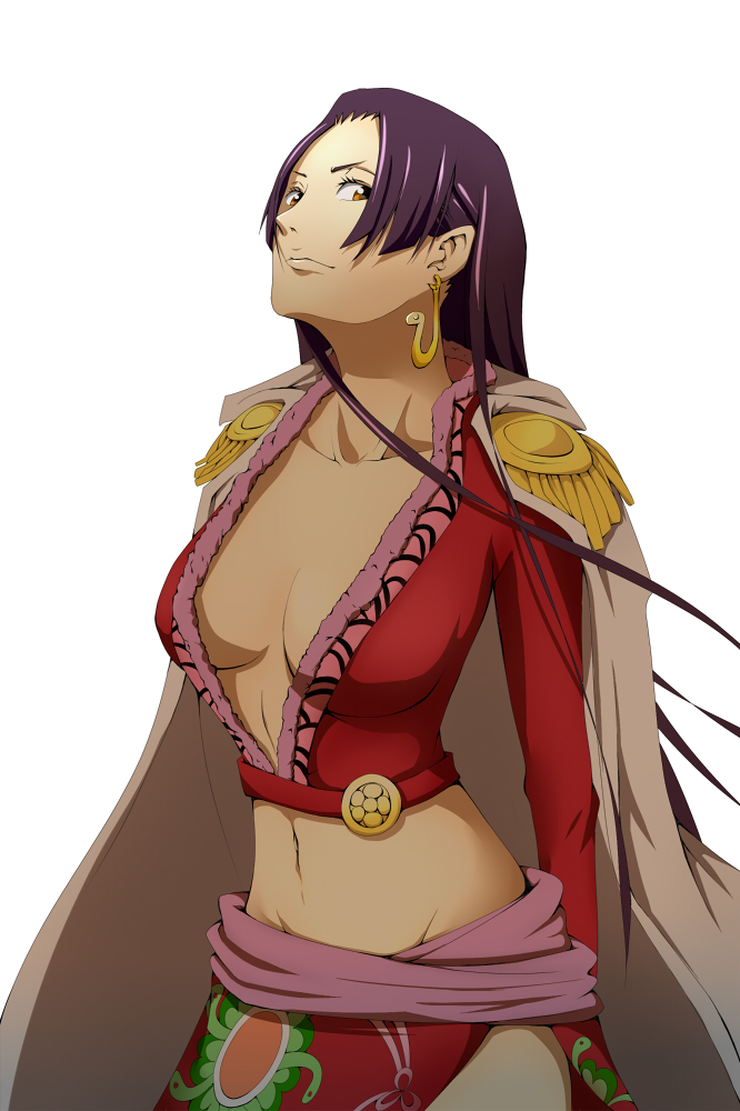 sungi, boa hancock, one piece, bad id, bad pixiv id, 1girl, amazon lily, amazon warrior, black hair, breasts, cape, cleavage, earrings, epaulettes, female focus, jacket, jacket on shoulders, jewelry, large breasts, long hair, long skirt, long sleeves, no bra, print skirt, sash, skirt, solo