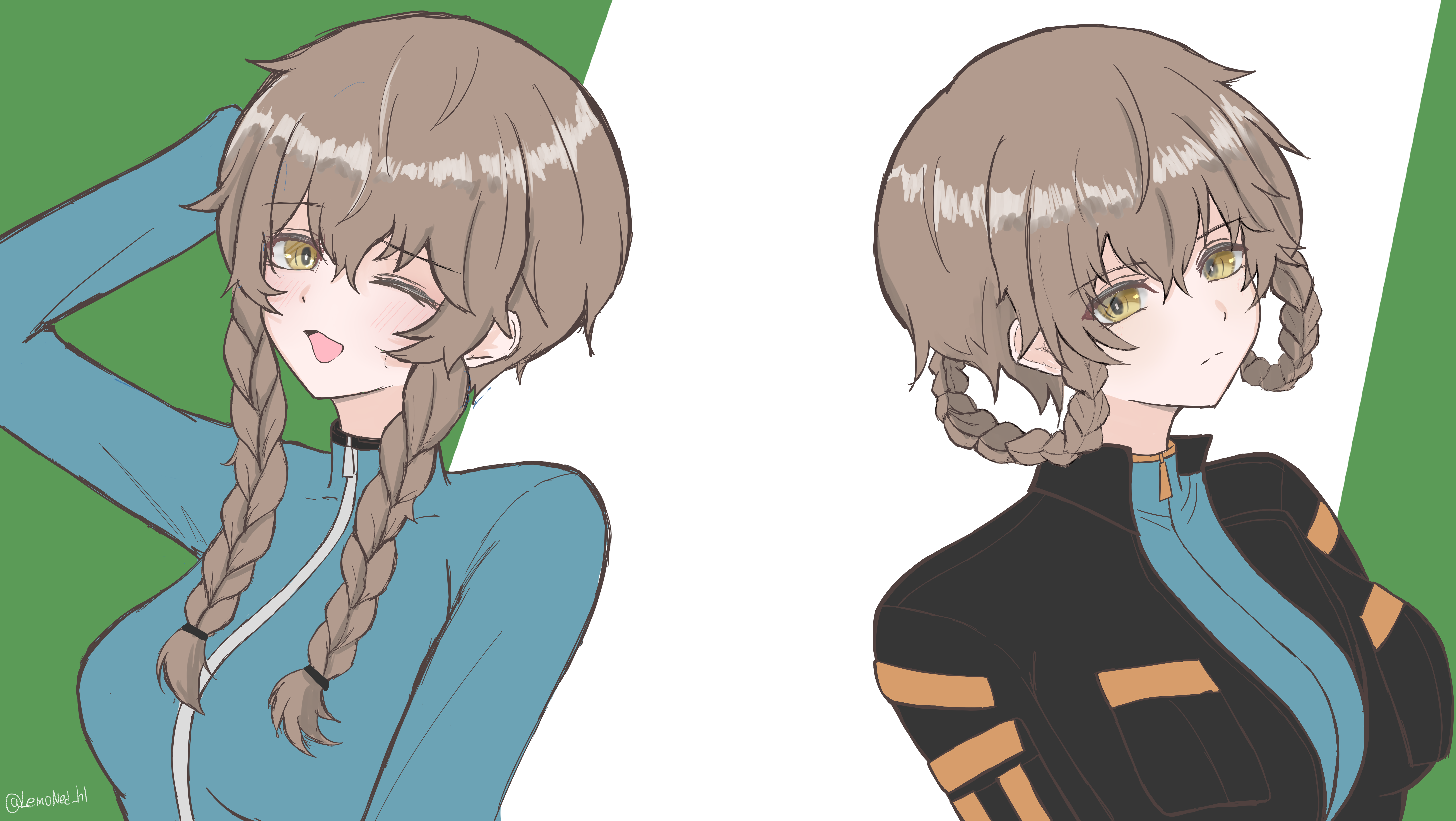 lemoned hl 5050, amane suzuha, amane suzuha (beta), science adventure, steins;gate, steins;gate 0, absurdres, commentary request, highres, 2girls, arm up, braid, brown hair, hair rings, jacket, long hair, multiple girls, serious, smile, track jacket, twin braids, upper body, yellow eyes