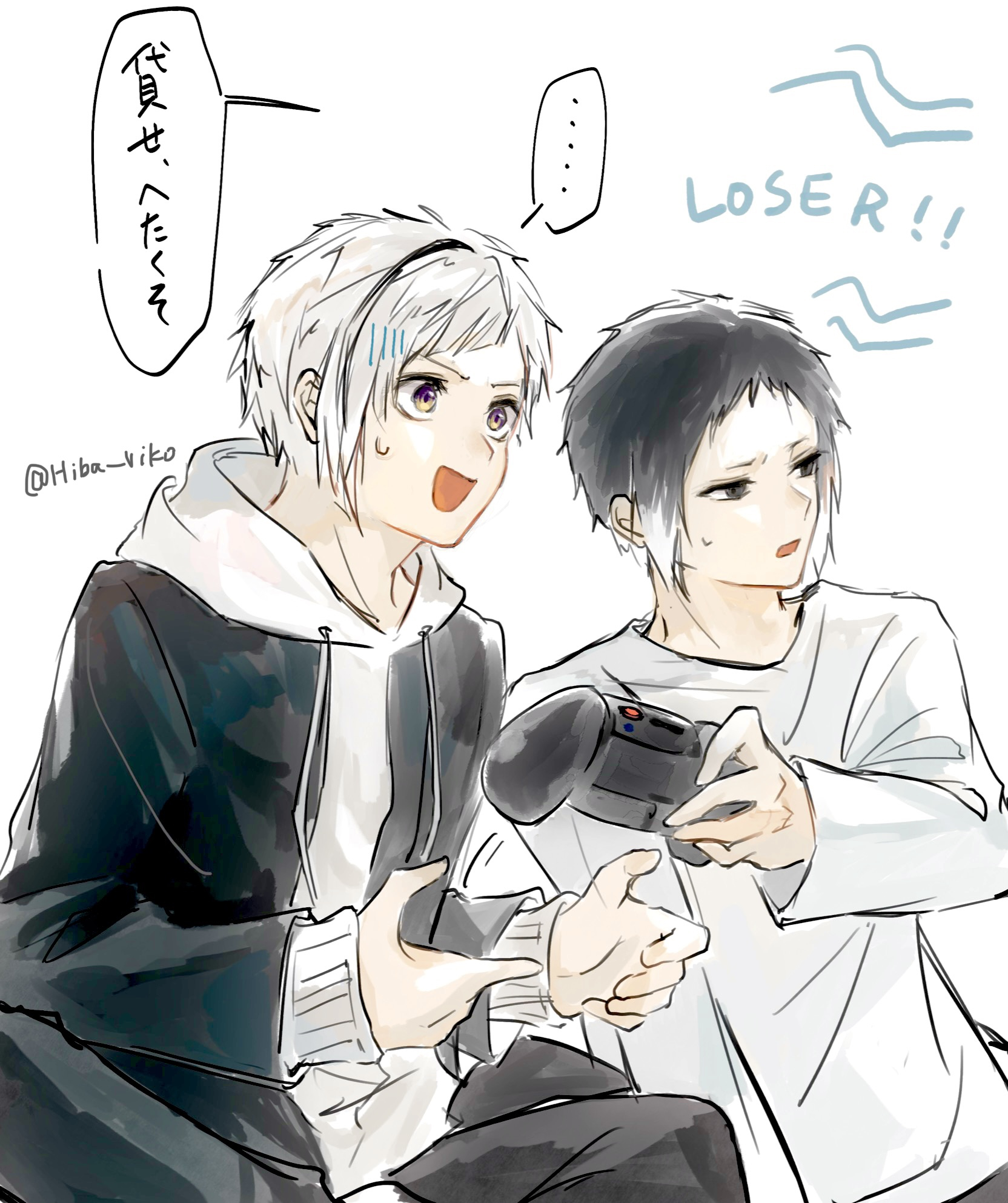 hiba riko, akutagawa ryuunosuke (bungou stray dogs), nakajima atsushi (bungou stray dogs), bungou stray dogs, commentary request, highres, translation request, 2boys, black eyes, black hair, black streaks, controller, gakuran, game controller, holding, holding controller, holding game controller, jacket, long sleeves, male focus, multiple boys, open clothes, open jacket, open mouth, school uniform, shirt, short hair, sidelocks, simple background, single sidelock, sitting, speech bubble, twitter username, white background, white hair, white jacket, white shirt
