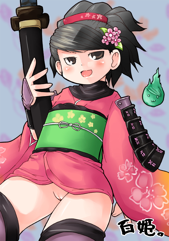 yoyoyoyou, momohime, oboro muramasa, 1girl, :3, black hair, blue background, blush, brown eyes, clothes lift, flat chest, floral print, flower, hair flower, hair ornament, high ponytail, hitodama, holding, holding sword, holding weapon, japanese clothes, katana, kimono, kimono lift, loli, long hair, long sleeves, looking at viewer, no panties, obi, open mouth, petals, pink flower, pink kimono, ponytail, print kimono, purple thighhighs, pussy, sash, sheath, smile, standing, sword, thighhighs, weapon, wide sleeves