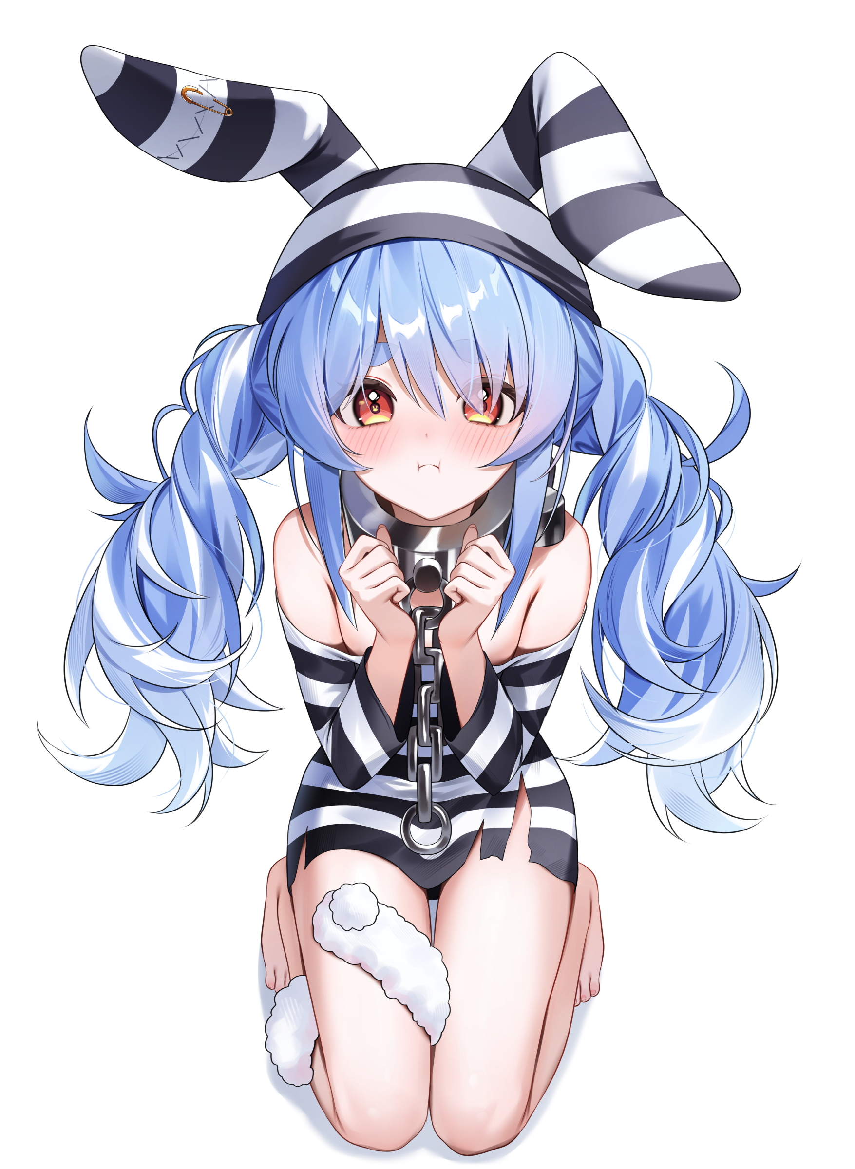 shuvi (shuvi1125), usada pekora, usada pekora (prisoner), hololive, absurdres, commentary, highres, 1girl, animal ears, bare shoulders, barefoot, blue hair, braid, collar, full body, hands up, kneeling, long hair, long shirt, looking at viewer, messy hair, metal collar, multicolored hair, no pants, official alternate costume, official alternate hairstyle, orange eyes, pout, prison clothes, rabbit-shaped pupils, rabbit ears, rabbit girl, shirt, sidelocks, simple background, solo, striped clothes, striped headwear, striped shirt, symbol-shaped pupils, thick eyebrows, torn clothes, torn shirt, twin braids, twintails, two-tone hair, virtual youtuber, white background, white hair