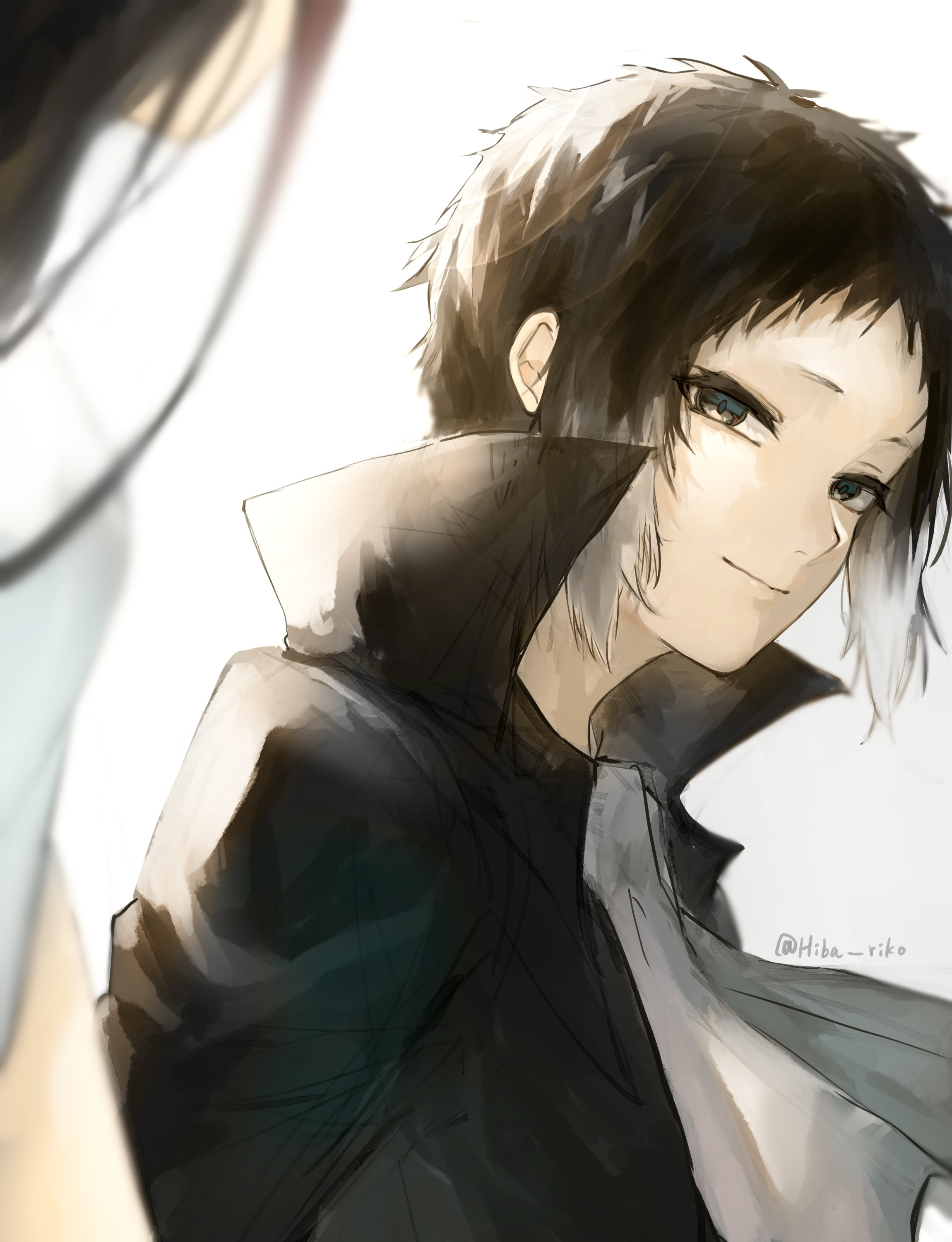 hiba riko, akutagawa ryuunosuke (bungou stray dogs), bungou stray dogs, absurdres, commentary request, highres, 1boy, 1other, ascot, black coat, black hair, coat, high collar, japanese clothes, male focus, multicolored hair, short hair, sidelocks, simple background, smile, solo focus, twitter username, two-tone hair, white ascot, white background, white hair