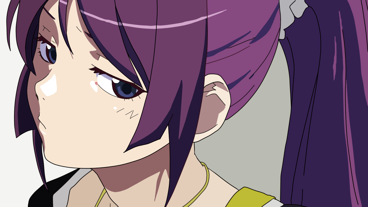 otemoto hiroshi, senjougahara hitagi, bakemonogatari, monogatari (series), derivative work, vector trace, 00s, 1girl, blue eyes, female focus, grey background, jewelry, necklace, ponytail, portrait, purple hair, shaded face, solo, white background
