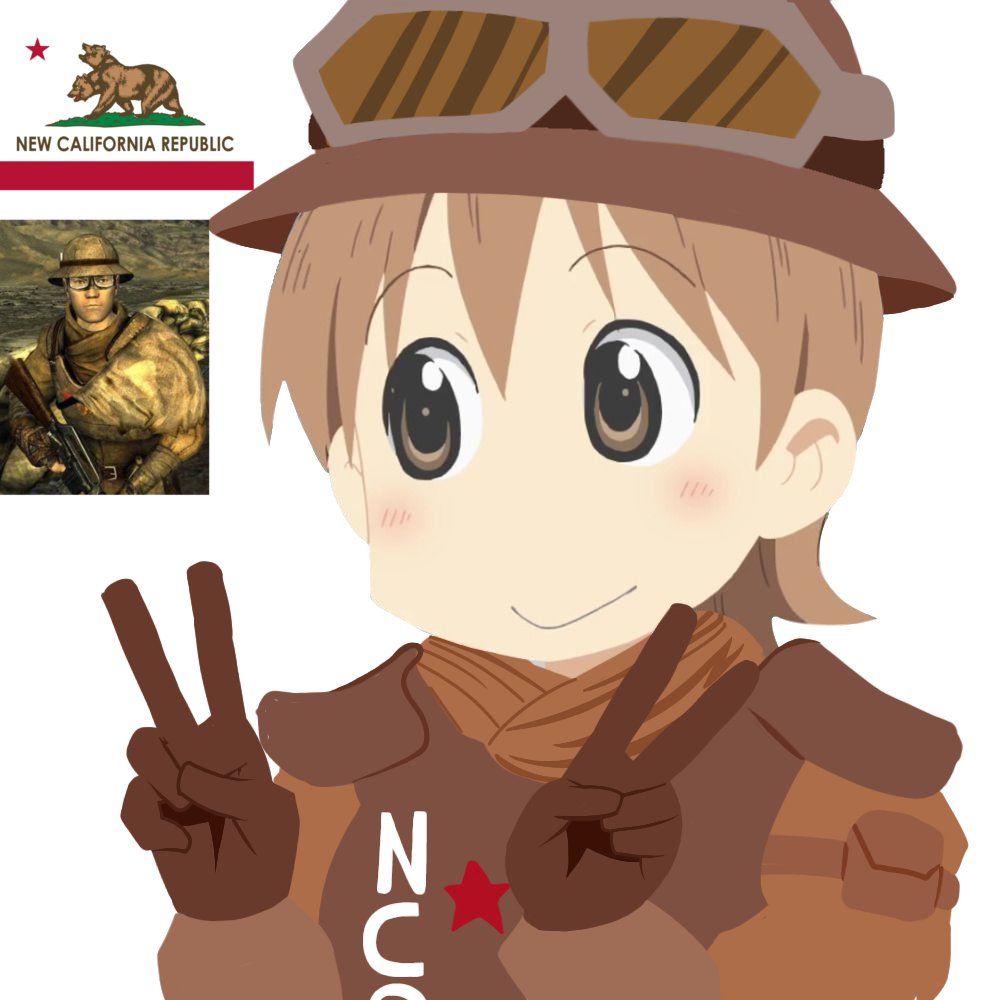 aioi yuuko, fallout, fallout (prime video), nichijou, 1girl, blush, brown hair, kingbuger, new california republic, short hair, solo, v