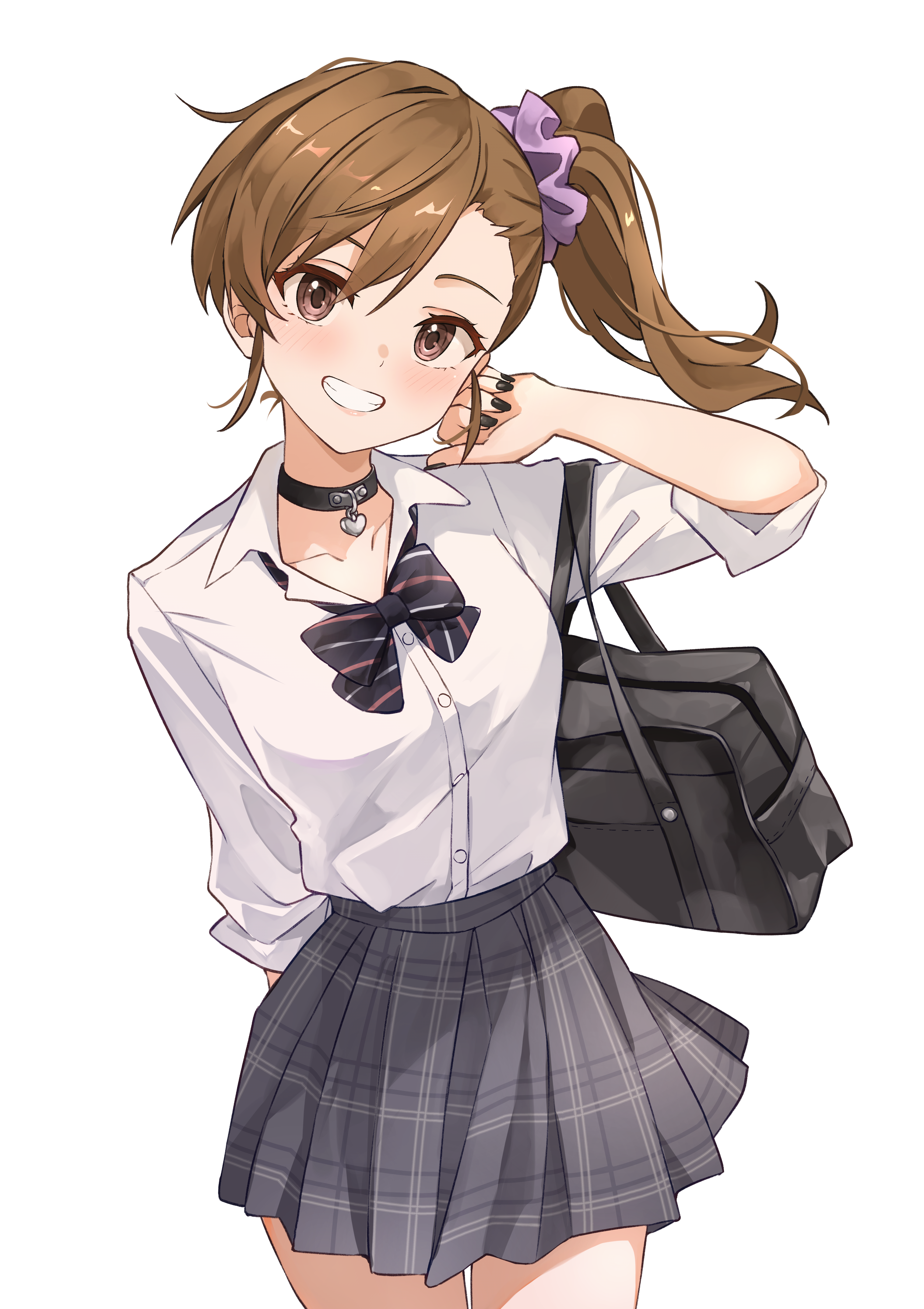 b1ack illust, futami mami, idolmaster, absurdres, commentary request, commission, highres, pixiv commission, 1girl, bag, black bag, black bow, black bowtie, black choker, bow, bowtie, brown hair, choker, grey skirt, hair ornament, hair scrunchie, looking at viewer, pink scrunchie, plaid clothes, plaid skirt, school bag, scrunchie, shirt, simple background, skirt, solo, white background, white shirt