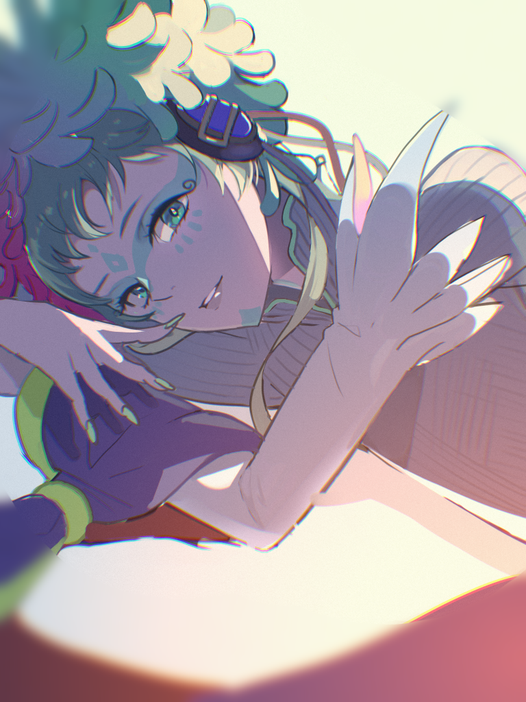 raqio, gnosia, commentary request, 1other, androgynous, blue eyes, facepaint, facial mark, feathers, forehead mark, green hair, headphones, long hair, long sleeves, looking at viewer, makeup, multicolored hair, other focus, short hair, simple background, solo, stereodives, tattoo, upper body