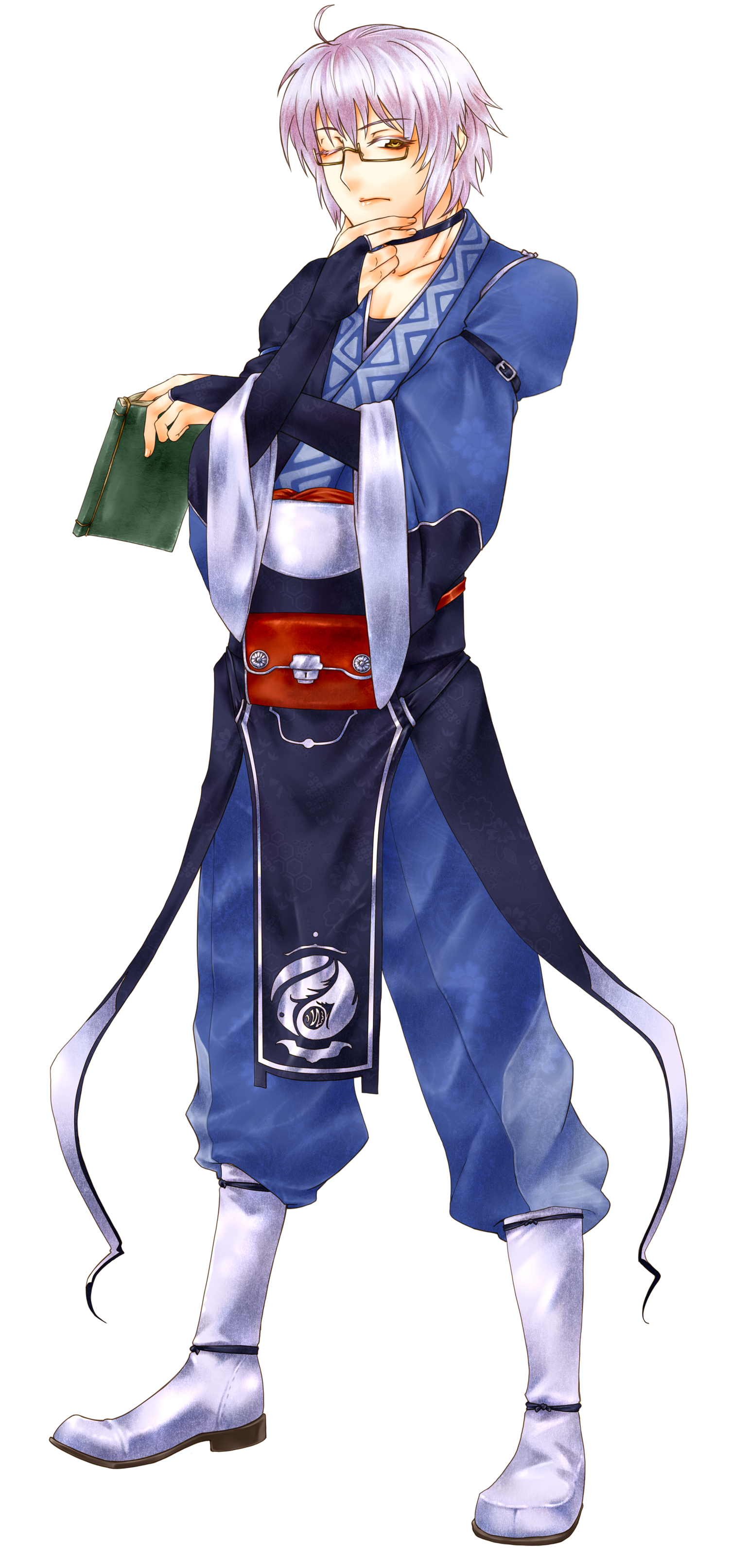 jin nai, morichika rinnosuke, curiosities of lotus asia, touhou, silver hair, absurdres, highres, 1boy, ahoge, book, boots, choker, full body, glasses, japanese clothes, male focus, one eye closed, pouch, short hair, solo, transparent background, wink, yellow eyes, yin yang