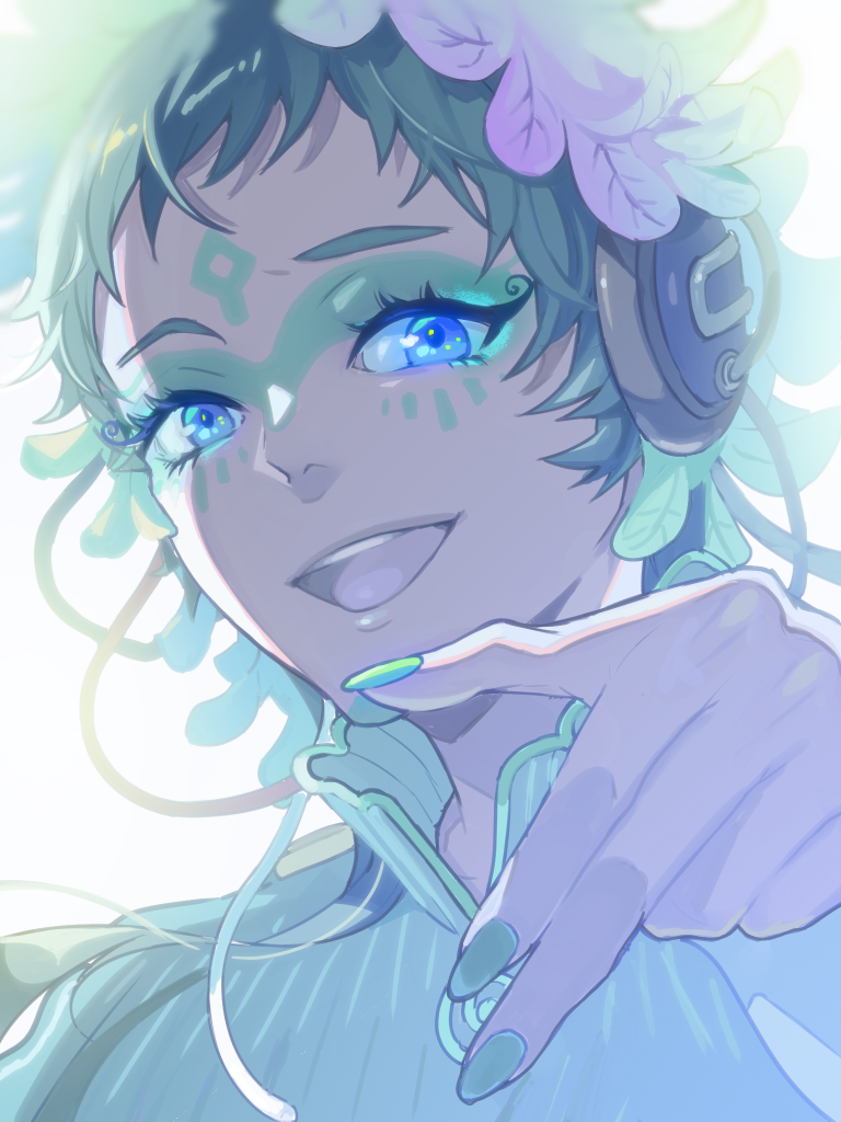 raqio, gnosia, commentary request, 1other, androgynous, blue eyes, facepaint, facial mark, feathers, forehead mark, green hair, headphones, long hair, long sleeves, looking at viewer, makeup, multicolored hair, other focus, short hair, simple background, solo, stereodives, tattoo, upper body