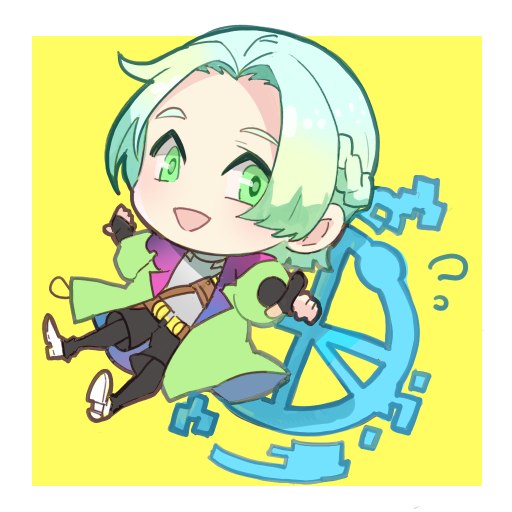 yuri (gnosia), gnosia, commentary request, 1girl, blonde hair, braid, braided sidelock, chibi, gradient hair, green eyes, green hair, jacket, looking at viewer, multicolored hair, multicolored jacket, shirt, short hair, simple background, smile, solo, stereodives, turtleneck