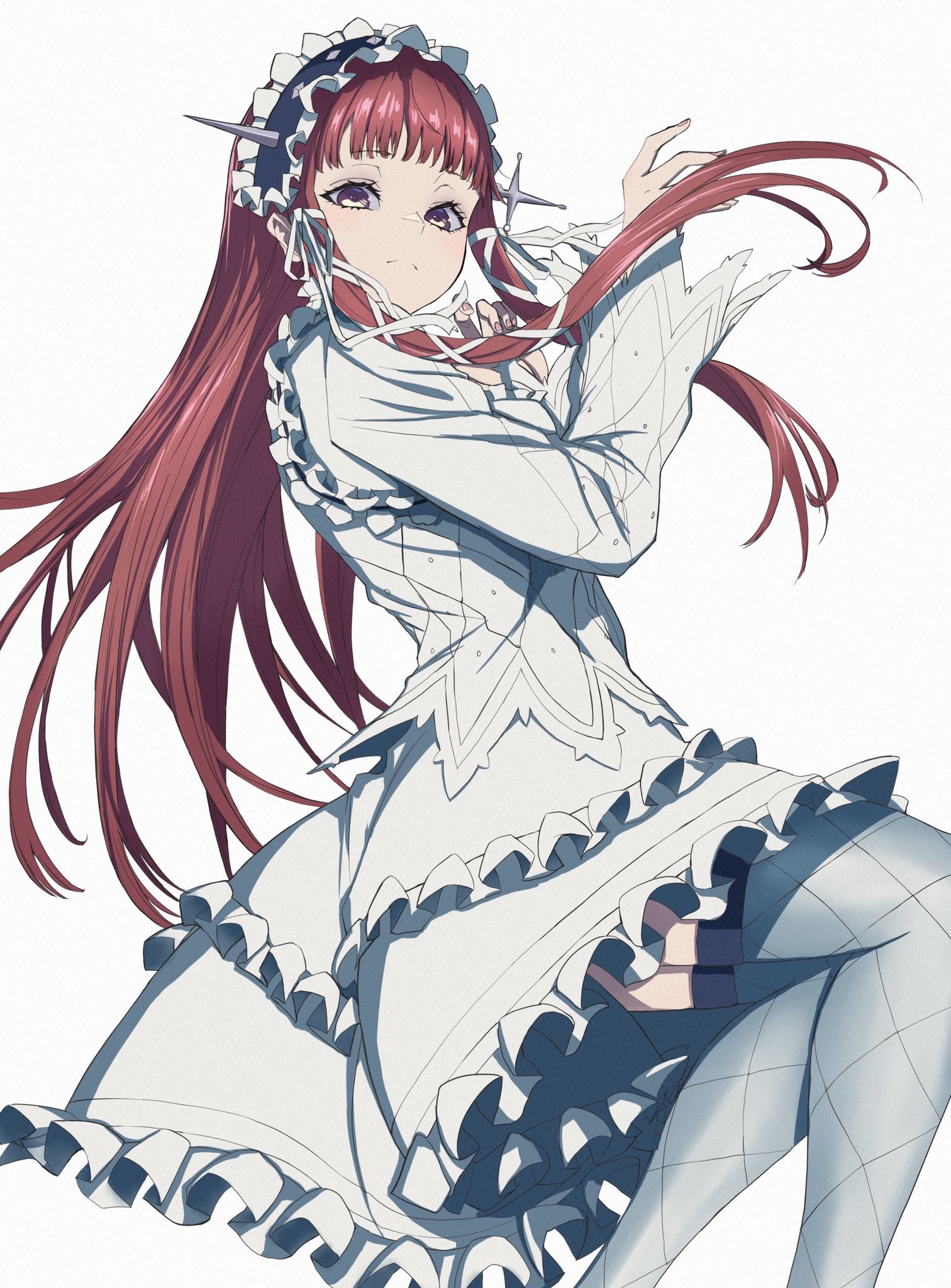 s-m-53413, yoshino chidori, persona, persona 3, commentary, highres, 1girl, black hairband, blunt bangs, closed mouth, dress, feet out of frame, fingernails, frilled hairband, frills, frown, hair ribbon, hairband, hands up, layered dress, lolita fashion, lolita hairband, long hair, long sleeves, looking at viewer, object through head, purple eyes, red hair, ribbon, sidelocks, simple background, solo, thighhighs, tress ribbon, white background, white dress, white ribbon, white thighhighs