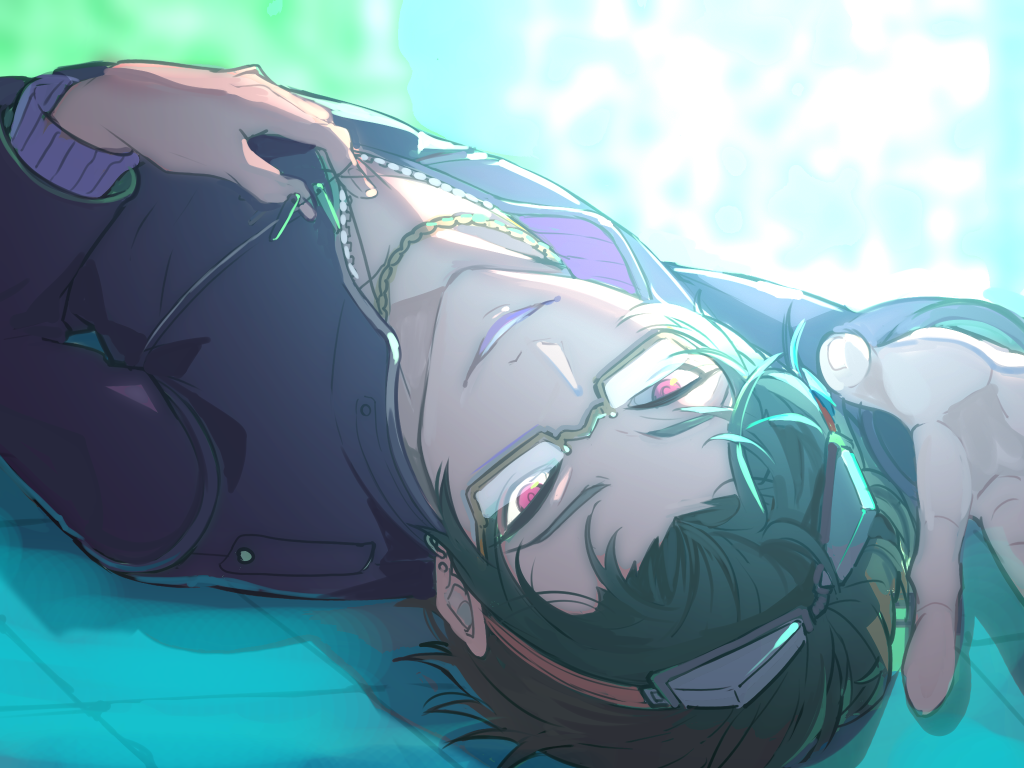 sha-ming, gnosia, commentary request, 1boy, black hair, glasses, goggles, green hair, jacket, jewelry, long sleeves, looking at viewer, male focus, necklace, red eyes, shirt, short hair, smile, solo, stereodives, upper body, zipper