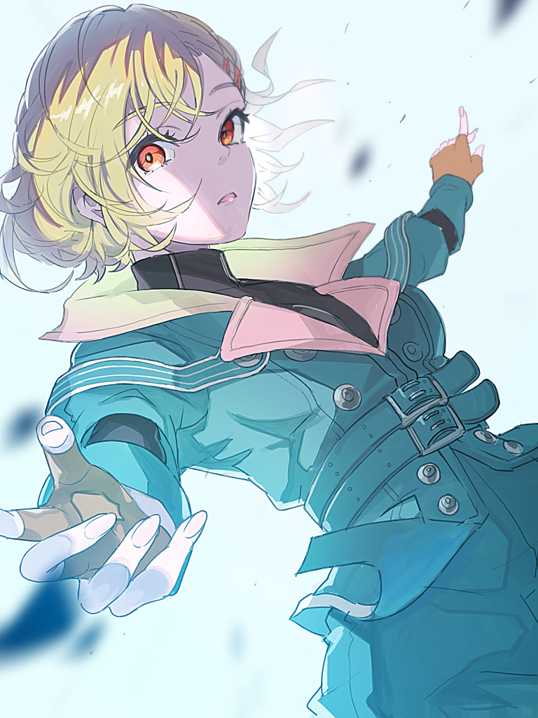 setsu (gnosia), gnosia, commentary request, 1other, antenna hair, aqua coat, blonde hair, coat, fingerless gloves, gloves, hair between eyes, hair ornament, hairclip, looking at viewer, other focus, red eyes, short hair, simple background, solo, stereodives, turtleneck, upper body