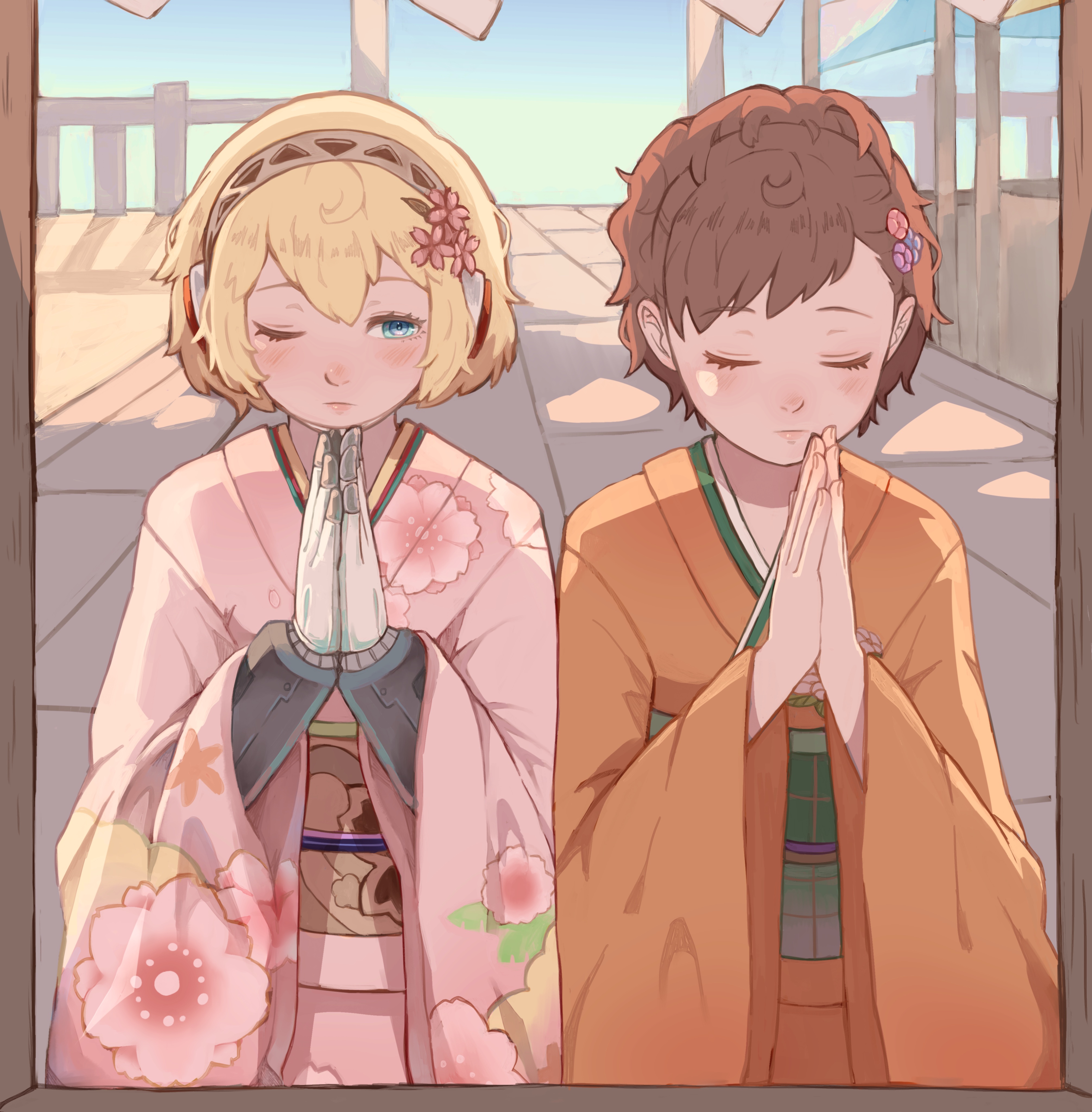 tbjj1208, aigis (persona), shiomi kotone, persona, persona 3, persona 3 portable, absurdres, commentary request, highres, 2girls, android, blonde hair, blue eyes, blue sky, blush, brown hair, closed eyes, closed mouth, cowboy shot, day, facing viewer, floral print, floral print kimono, flower, furisode, gold hairband, hair between eyes, hair flower, hair ornament, hairband, japanese clothes, kimono, long sleeves, mechanical hands, multiple girls, one eye closed, orange kimono, outdoors, own hands together, palms together, pink flower, pink kimono, praying, print kimono, robot ears, sash, short hair, shrine, sky, wide sleeves