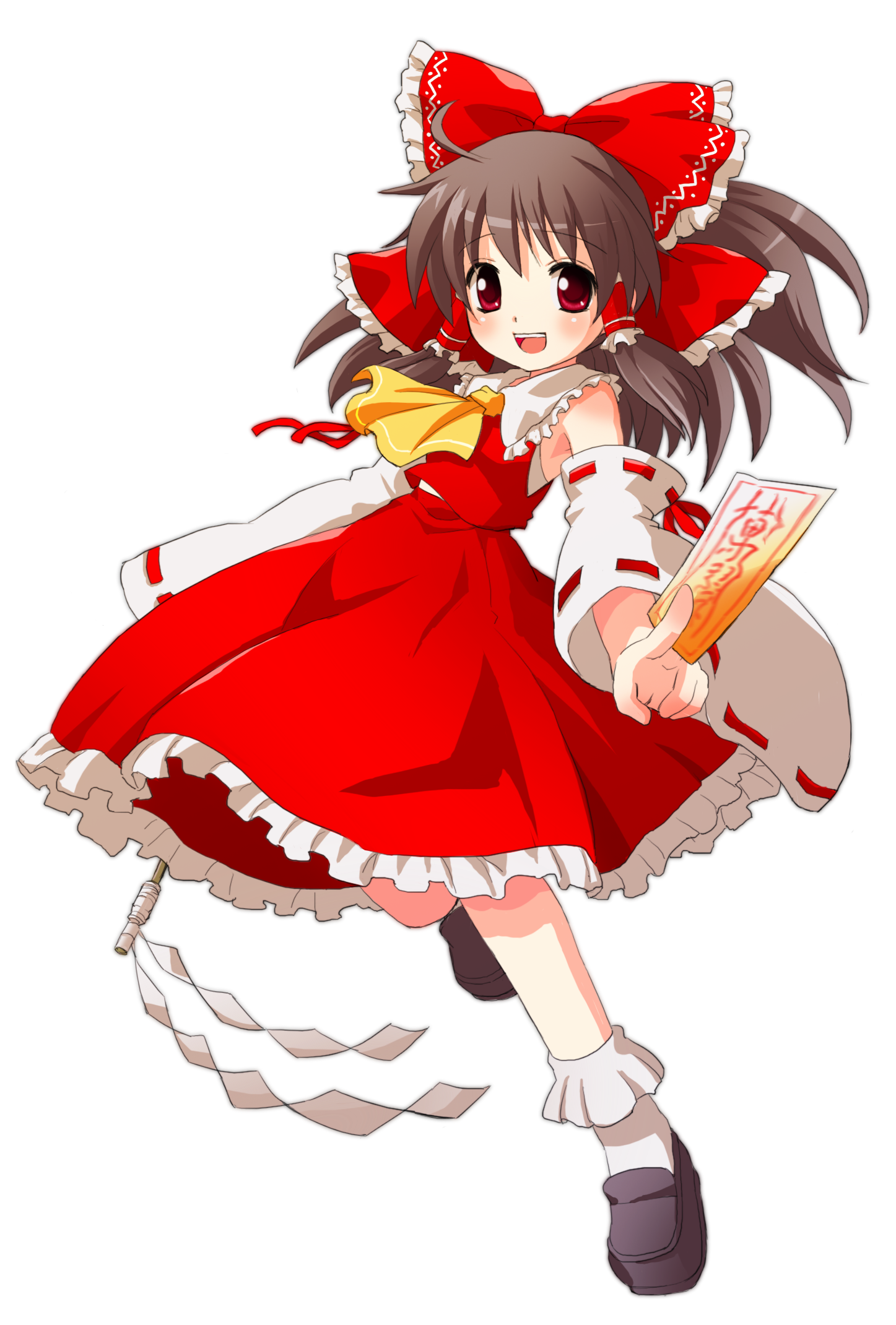 yumigon, hakurei reimu, touhou, bad id, bad pixiv id, highres, 1girl, between fingers, bow, brown hair, detached sleeves, female focus, full body, gohei, hair bow, holding, japanese clothes, long hair, miko, ofuda, ofuda between fingers, open mouth, red eyes, ribbon, skirt, smile, solo, spell card, transparent background