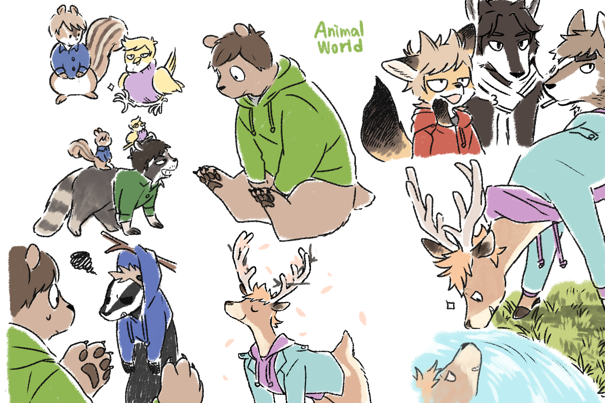 keep (dmswls6145), edd (eddsworld), matt (eddsworld), tom (eddsworld), eddsworld, commentary, alternate universe, animal, animal focus, animal on head, animal with hair, animalization, annoyed, antenna hair, antlers, badger, bandage over one eye, bear, bird, blonde hair, blue hoodie, blue shirt, branch, brown hair, cleft chin, closed eyes, clothed animal, collared shirt, deer, dog, eduardo (eddsworld), english text, everyone, flipped hair, fox, grass, green hoodie, green jacket, green shirt, grin, hair ears, hand up, hanging, hollow eyes, hood, hood up, hoodie, horns, jacket, jitome, jon (eddsworld), looking at another, mark (eddsworld), multiple views, no humans, on head, open clothes, open jacket, open mouth, orange hair, patryck (eddsworld), paul (eddsworld), pawpads, purple hoodie, purple sweater, raccoon, red hoodie, riding, riding animal, shirt, short hair, simple background, sitting, size difference, smile, smoking, spiked hair, squirrel, standing, sweater, swept bangs, thick eyebrows, tord (eddsworld), water, white background, wolf
