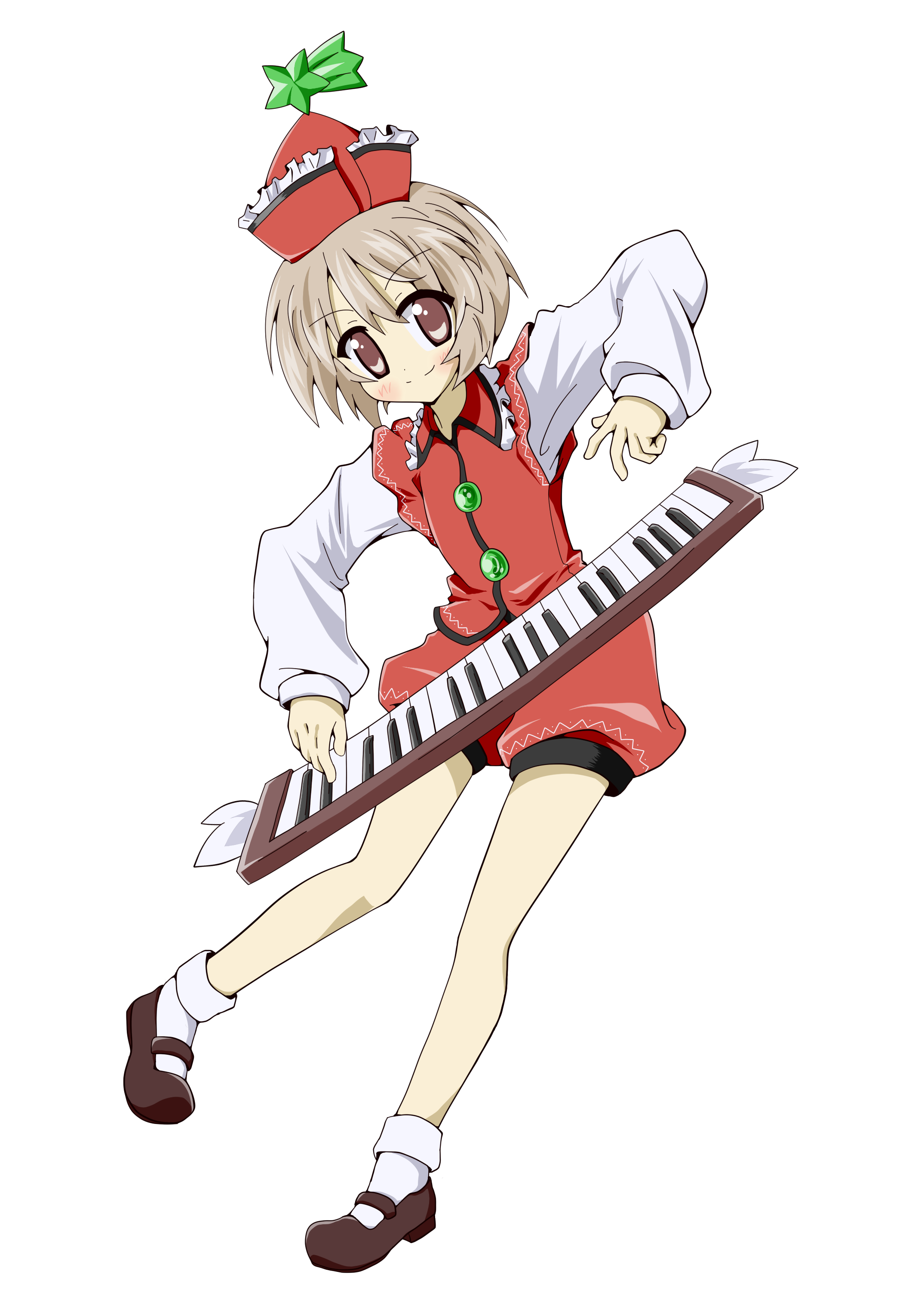 ascii winter village, fuyumura asuki, lyrica prismriver, touhou, silver hair, absurdres, highres, 1girl, blush, brown eyes, brown hair, female focus, full body, hat, instrument, keyboard, keyboard (instrument), short hair, smile, solo, transparent background