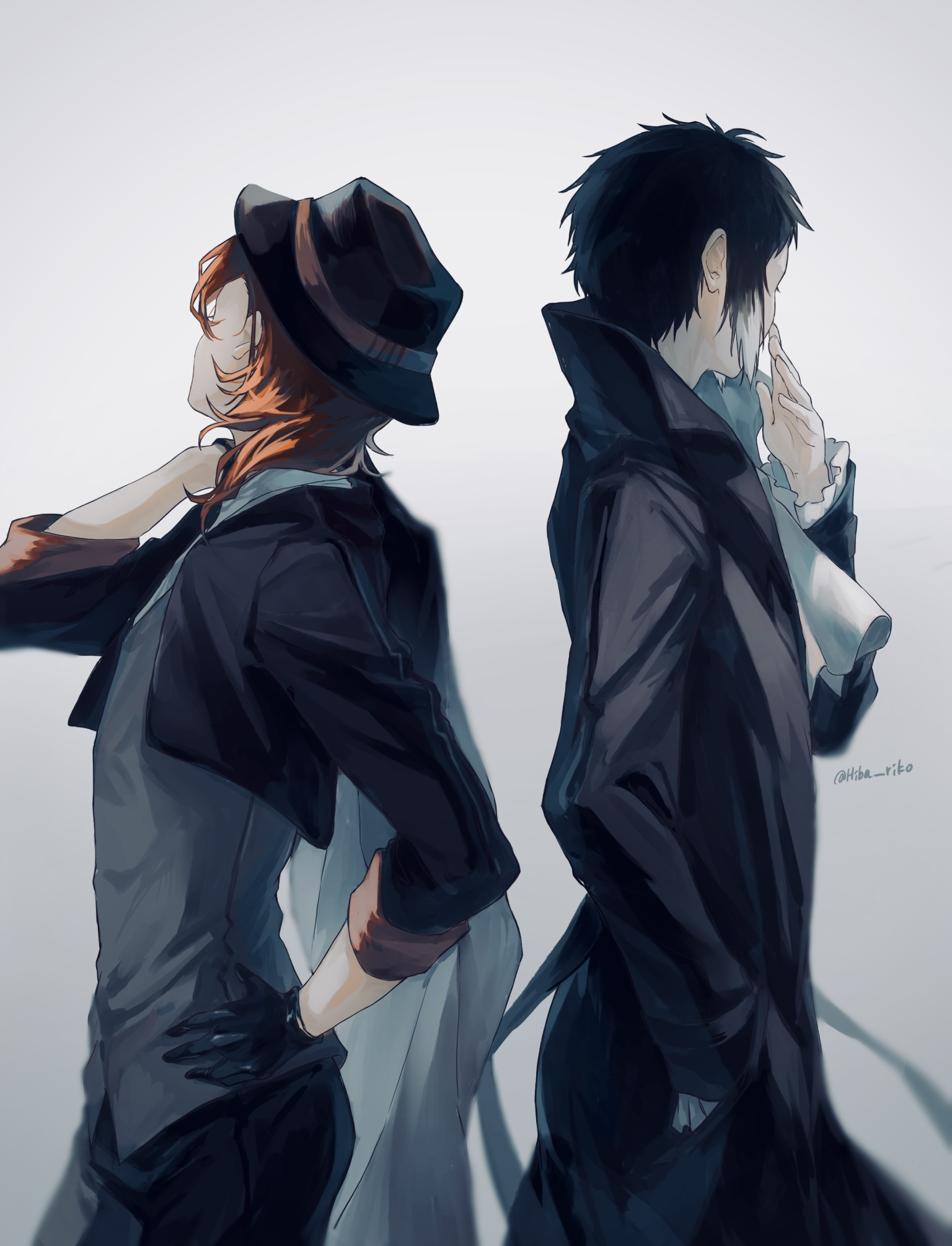 hiba riko, akutagawa ryuunosuke (bungou stray dogs), nakahara chuuya (bungou stray dogs), bungou stray dogs, commentary request, highres, 2boys, ascot, black coat, black gloves, black hair, black pants, coat, fedora, from side, gloves, grey jacket, hand in pocket, hand on own hip, hat, jacket, long sleeves, looking to the side, male focus, multicolored hair, multiple boys, orange hair, pants, short hair, sidelocks, simple background, tank top, two-tone hair, upper body, vest, waistcoat, white ascot, white background, white hair