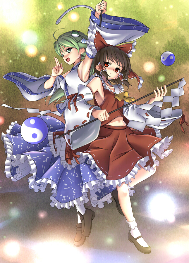 kimitoshiin, hakurei reimu, kochiya sanae, touhou, 2girls, armpits, arms up, bobby socks, bow, brown hair, detached sleeves, female focus, frog, gohei, green eyes, green hair, hair bow, hair ornament, japanese clothes, loafers, long hair, mary janes, midriff, miko, multiple girls, navel, open mouth, red eyes, shoes, smile, snake, socks, yin yang