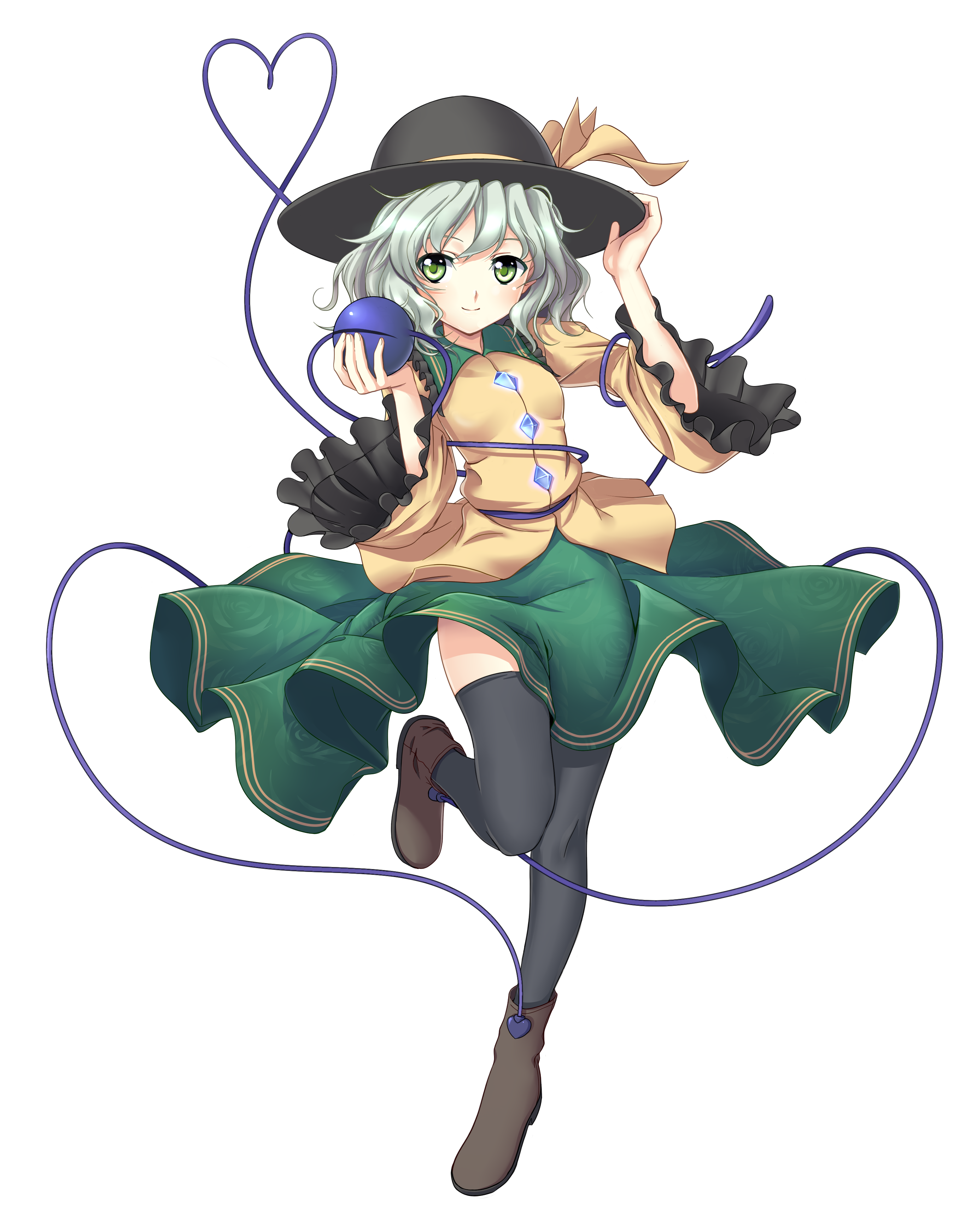 kimitoshiin, komeiji koishi, touhou, silver hair, absurdres, bad id, bad pixiv id, highres, md5 mismatch, 1girl, black thighhighs, boots, cable, closed eyes, embellished costume, female focus, floating clothes, frills, full body, glowing, green eyes, hand on headwear, hat, heart, heart of string, jacket, short hair, skirt, smile, solo, standing, standing on one leg, thighhighs, third eye, transparent background, wavy hair, wide sleeves, zettai ryouiki