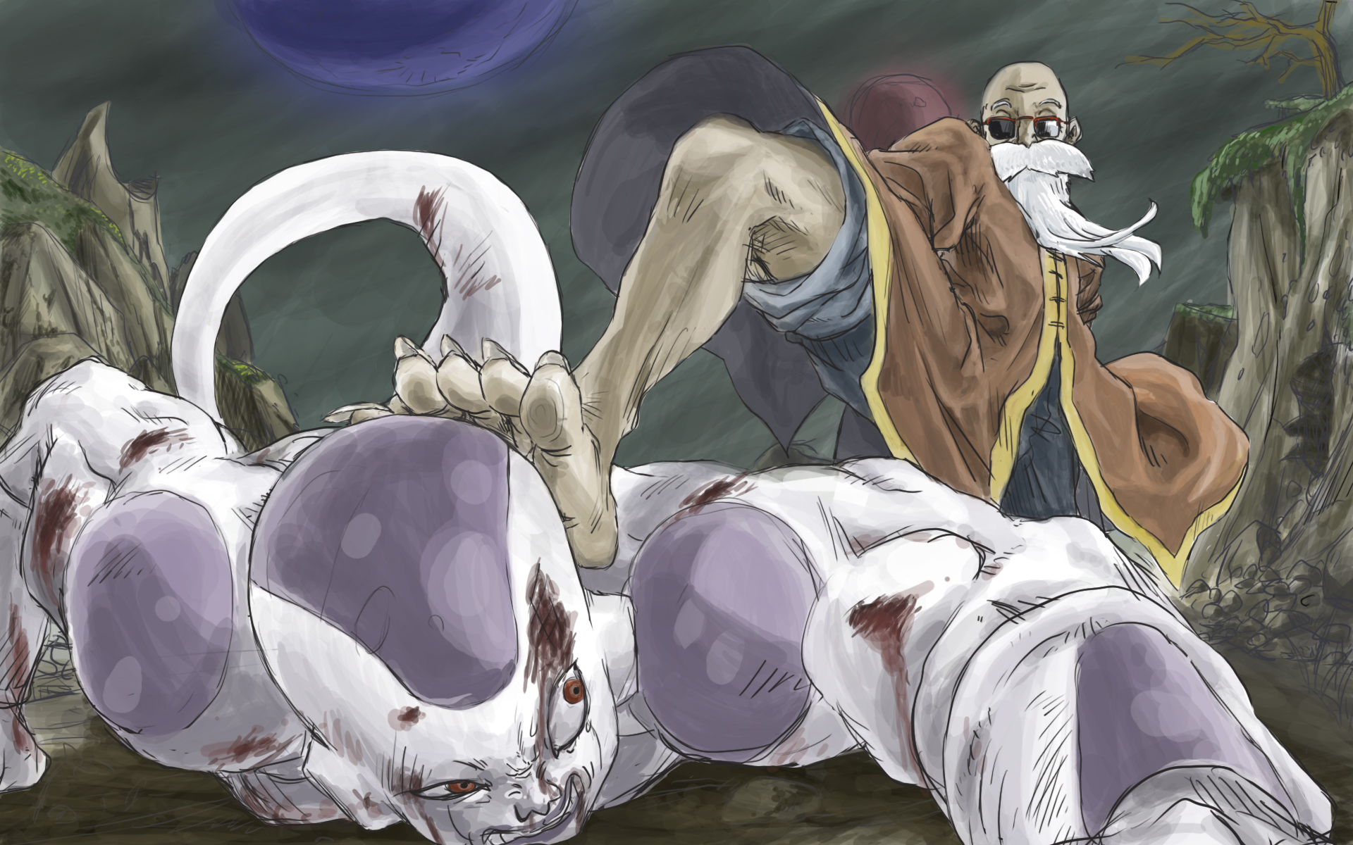 bear (qma), final form frieza, frieza, muten roushi, dragon ball, dragonball z, highres, source request, traditional media, 2boys, bald, beard, blood, facial hair, foot on head, foreshortening, male focus, multiple boys, sunglasses, toenails, toes
